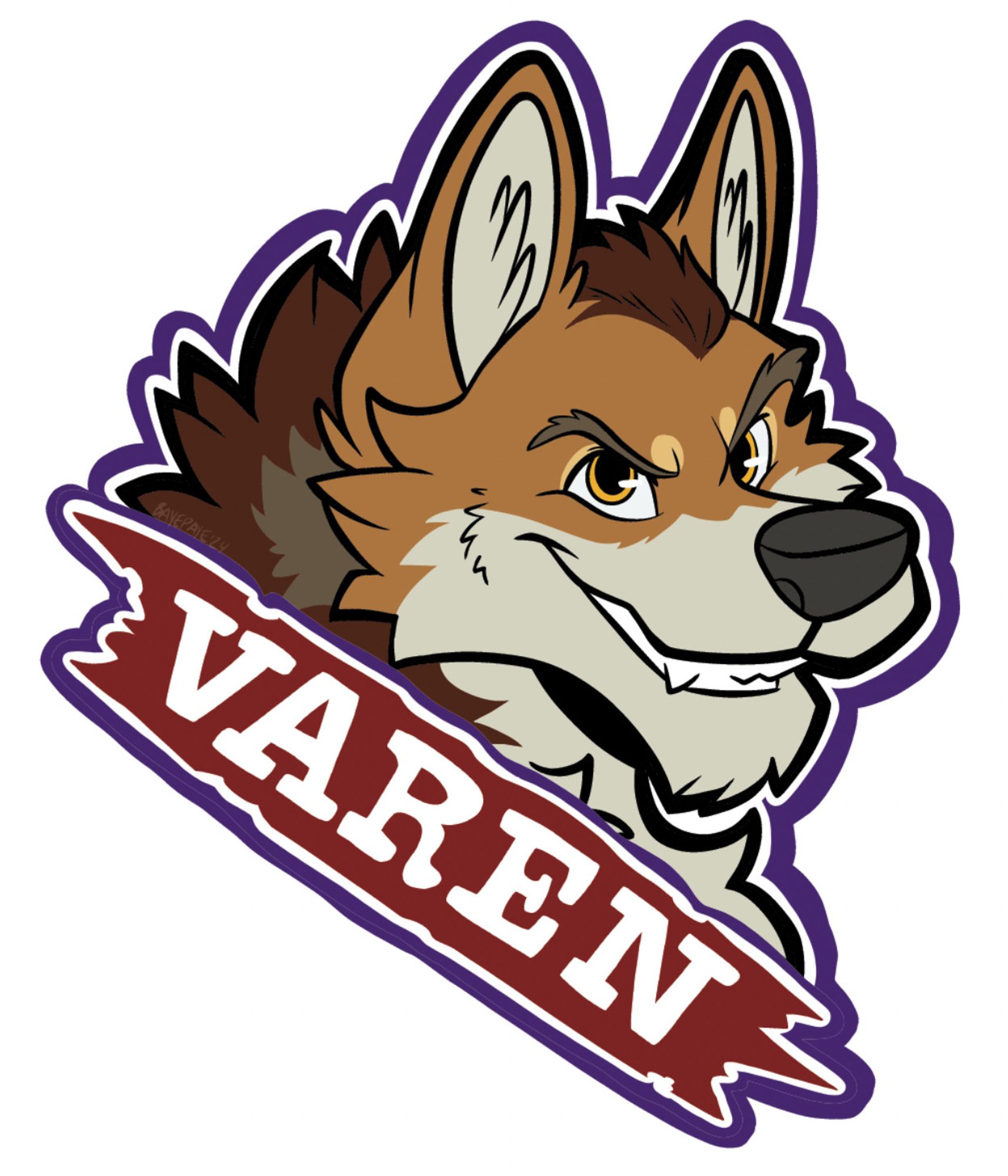 A badge for ExcessiveFloofs via twitter of their character, Varen, which is a wolf with shades of brown and draw markings, smirking and looking at the viewer with the name "VAREN" in white font over a red banner, all outlined in white and purple.