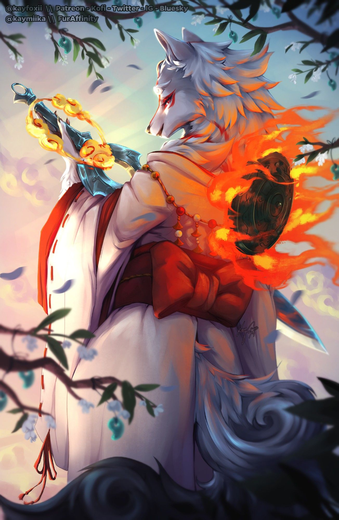 Anthro Goddess Amaterasu (Okami), standing before the sunrise, and holding the Blade of Kusanagi with her back to the viewer. She is looking back with a gentle smile, wearing a kimono adorned with red accents and charms along the back. White flowering branches of a Sakaki tree are framing the shot. Art by Kayfoxii, 2023.