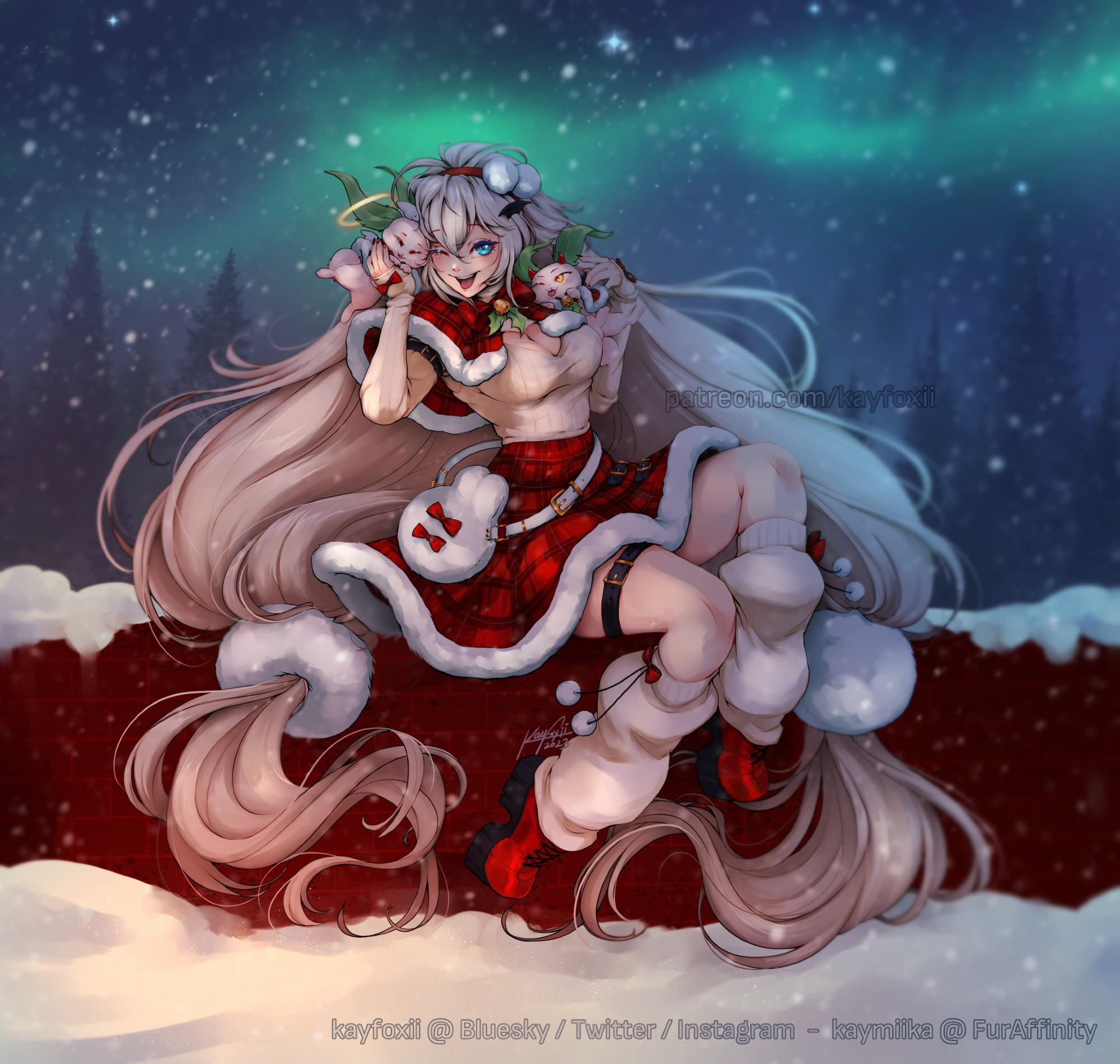 2022 version of Holly (mascot of the convention Holiday Matsuri) seated on a brick wall in the snow, with her friends the Naughty and Nice bunnies <3  Art by Kayfoxii, 2023.