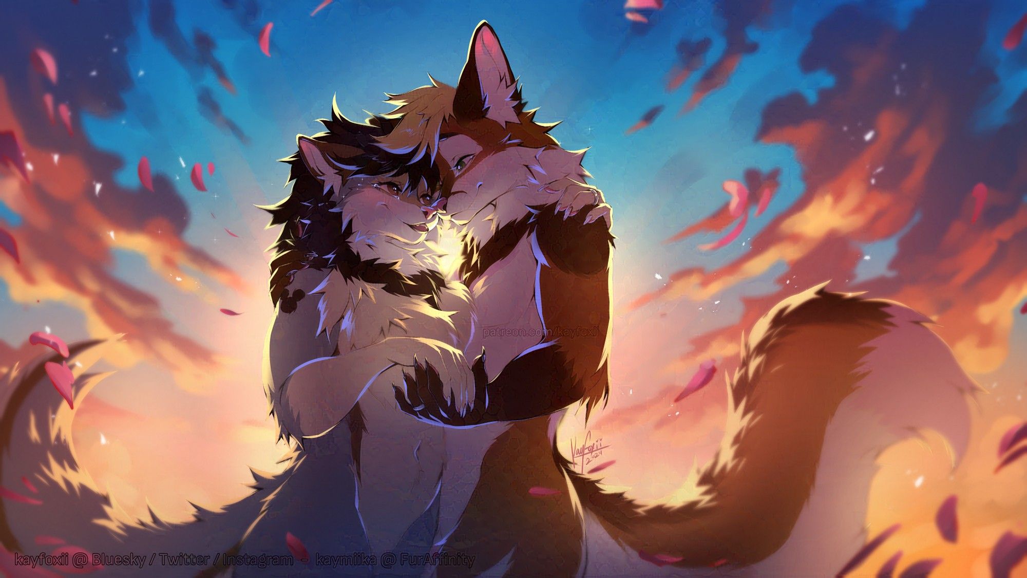 Sketchy illustration of a furry couple (Tori the Mexican Grey Wolf, and Niio the Red Fox) embracing before a gorgeous sunset sky. Art by Kayfoxii, 2024.