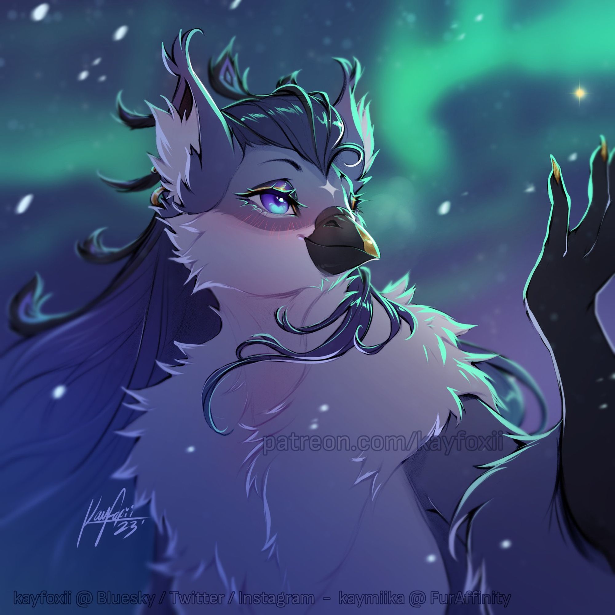 Bust sketch of anthro Gryphon Tatiana, taking in the beautiful aurora in the snow. The North Star floats in the sky above her palm. Art by Kayfoxii, 2023.