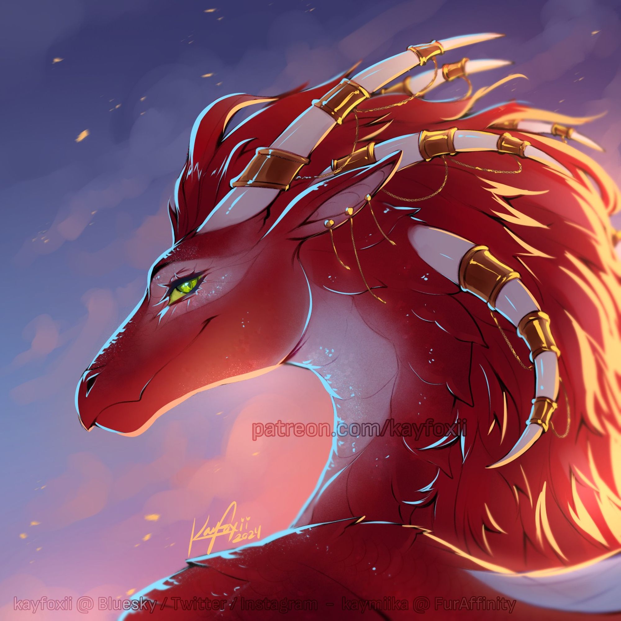 Sketch of the anthro dragoness, Thea Daecarys, against a sunset sky. Art by Kayfoxii, 2024.