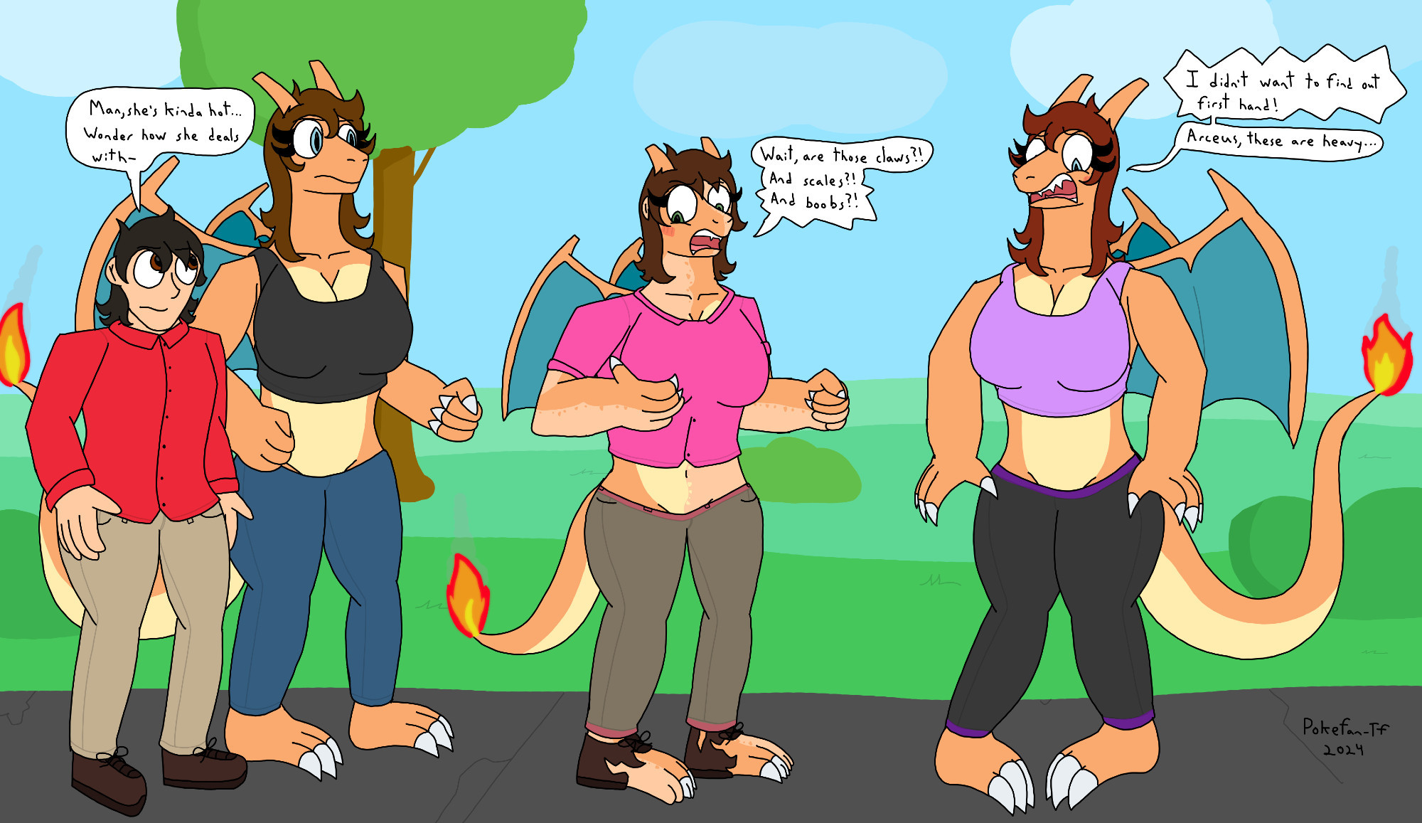 A transformation sequence of a man turning into an anthro Charizard woman, triggered by wondering how she deals with things. She looks shocked at the end. (Octransfur Day 15 - Perspective)