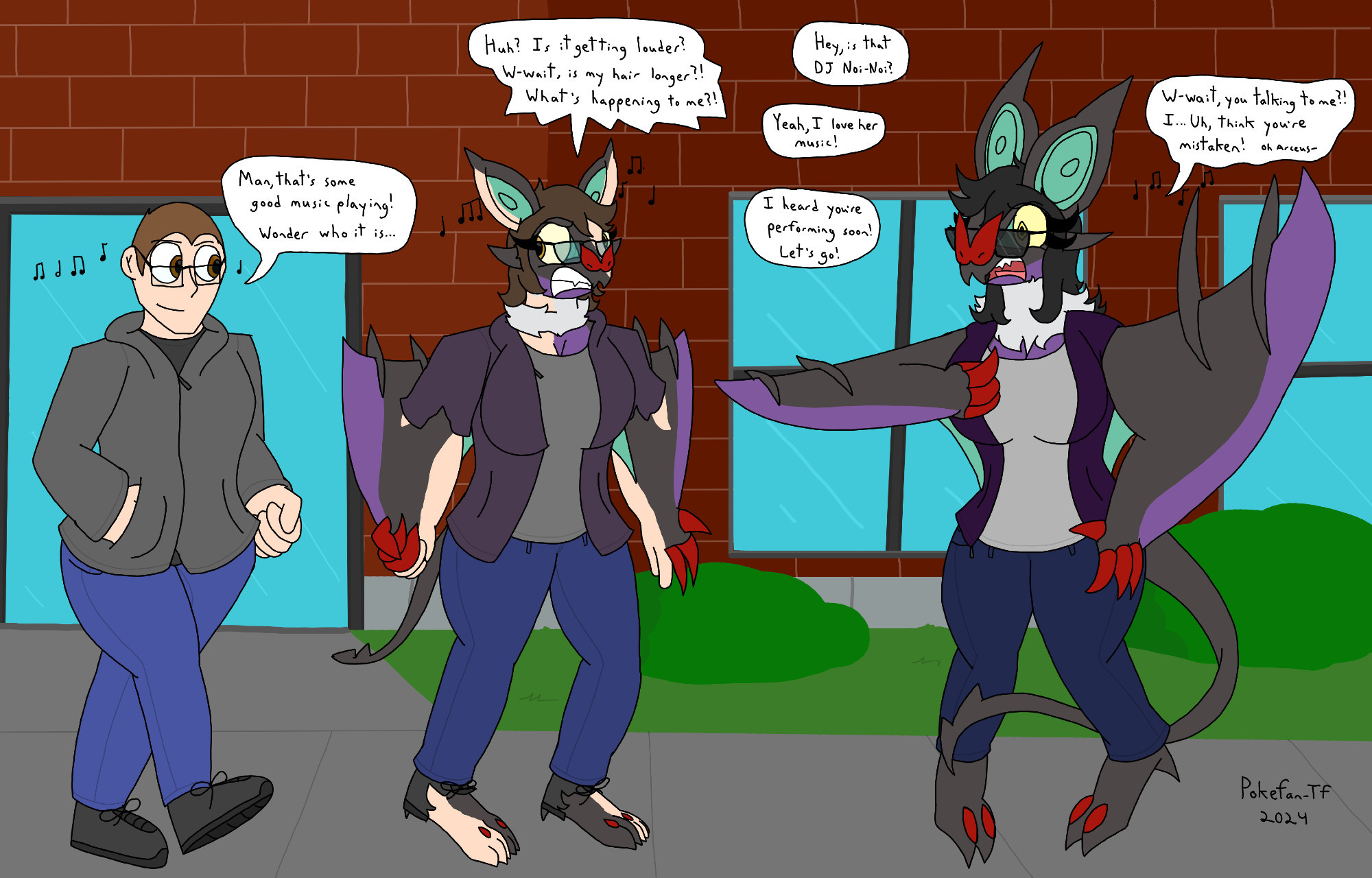 A transformation sequence of a man turning into an anthro Noivern woman, triggered by hearing music. She's shocked and confused at the end. (Octransfur Day 18 - Music)