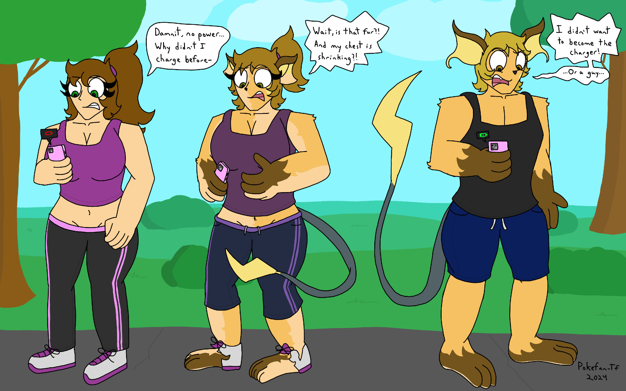 A transformation sequence of a woman turning into a Raichu guy, triggered by wishing she charged her phone. He looks shocked at the end. (Octransfur Day 14 - Power)