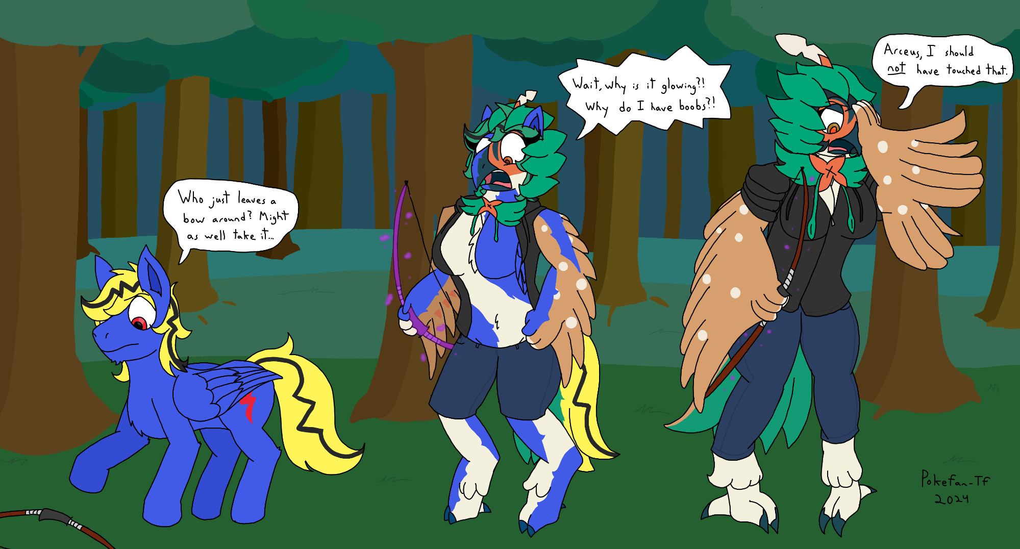 A transformation sequence of a male pegasus turning into an anthro Decidueye woman, triggered by a cursed bow. She looks annoyed at the end. (Octransfur Day 17 - Curse)