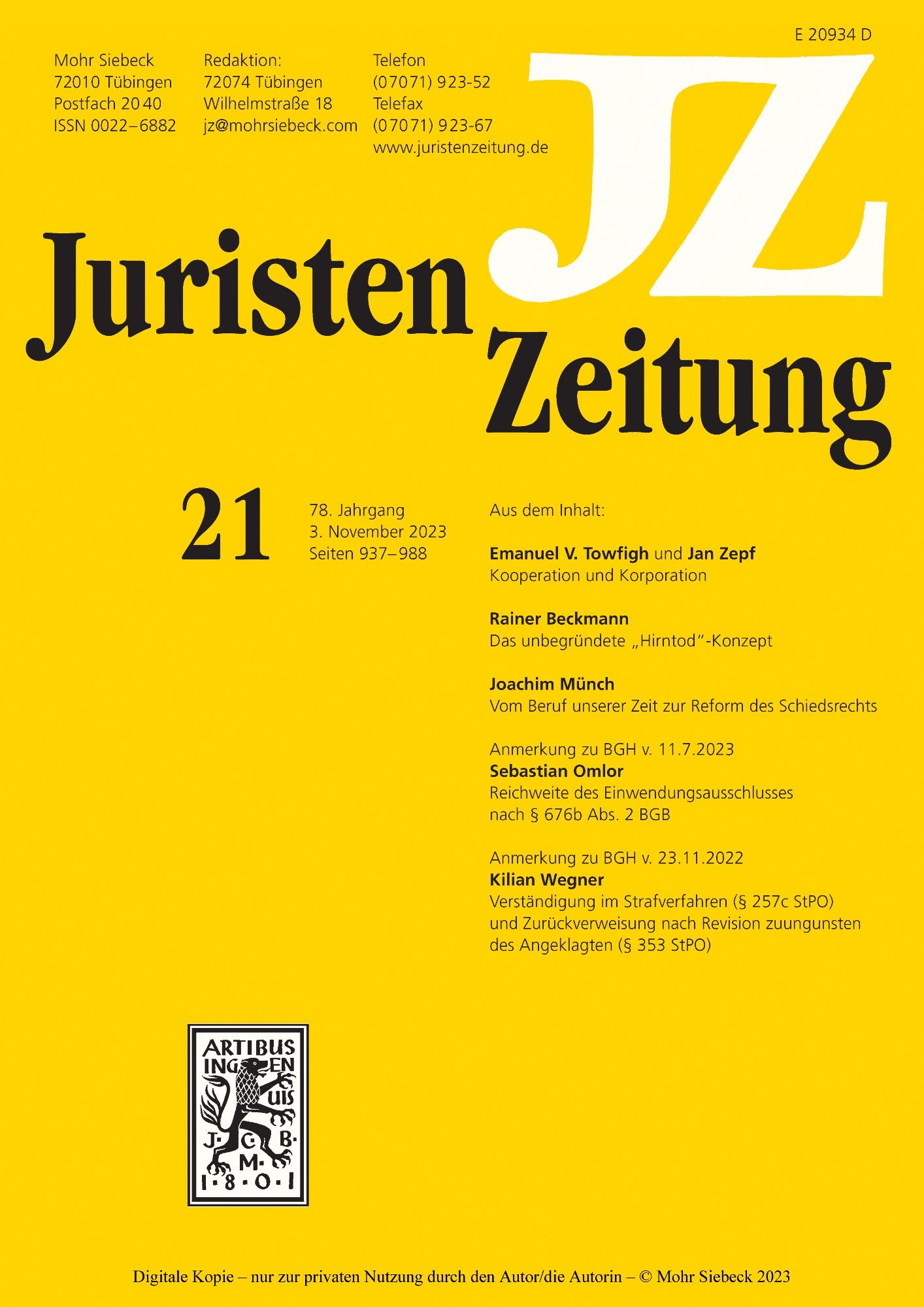 Cover Juristenzeitung 21/2023 mit einem Beitrag von Emanuel V. Towfigh und Jan Zepf zum Allgemeinen Körperschaftsrecht ("Kooperation und Korporation")