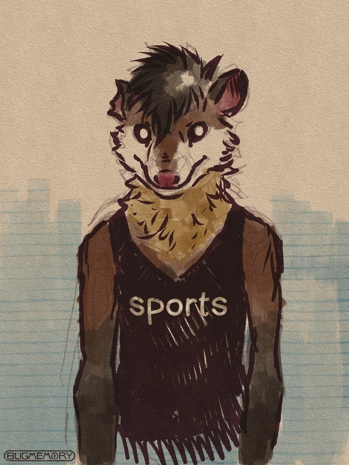 Common opossum in sports tank top looking at you
Art by BugMemory 