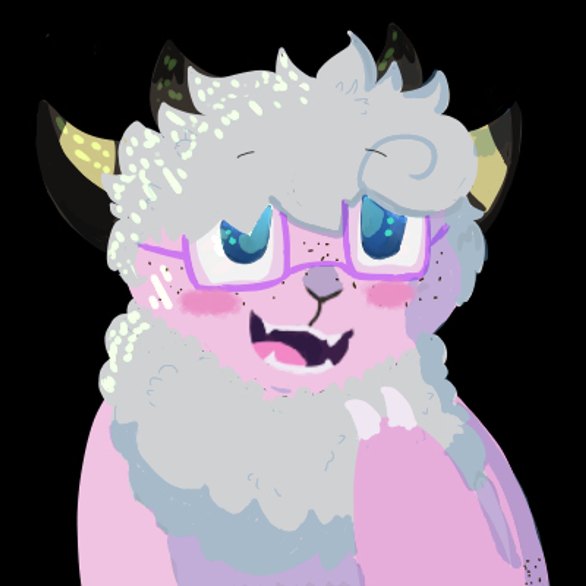 An OC Flaaffy with raspberry pink skin, stormy grey wool, dark horns on the top of the head and perked up ears. She has a large but cheeky smile on her face with fangs on the top and bottom of her mouth, a cat like nose and bright blue eyes with green eyeshines in them. She wears large square glasses that are dark purple in colour and dark brown freckles splatter her face and elbows. The claws on the end of her left paw are in a peace sign.