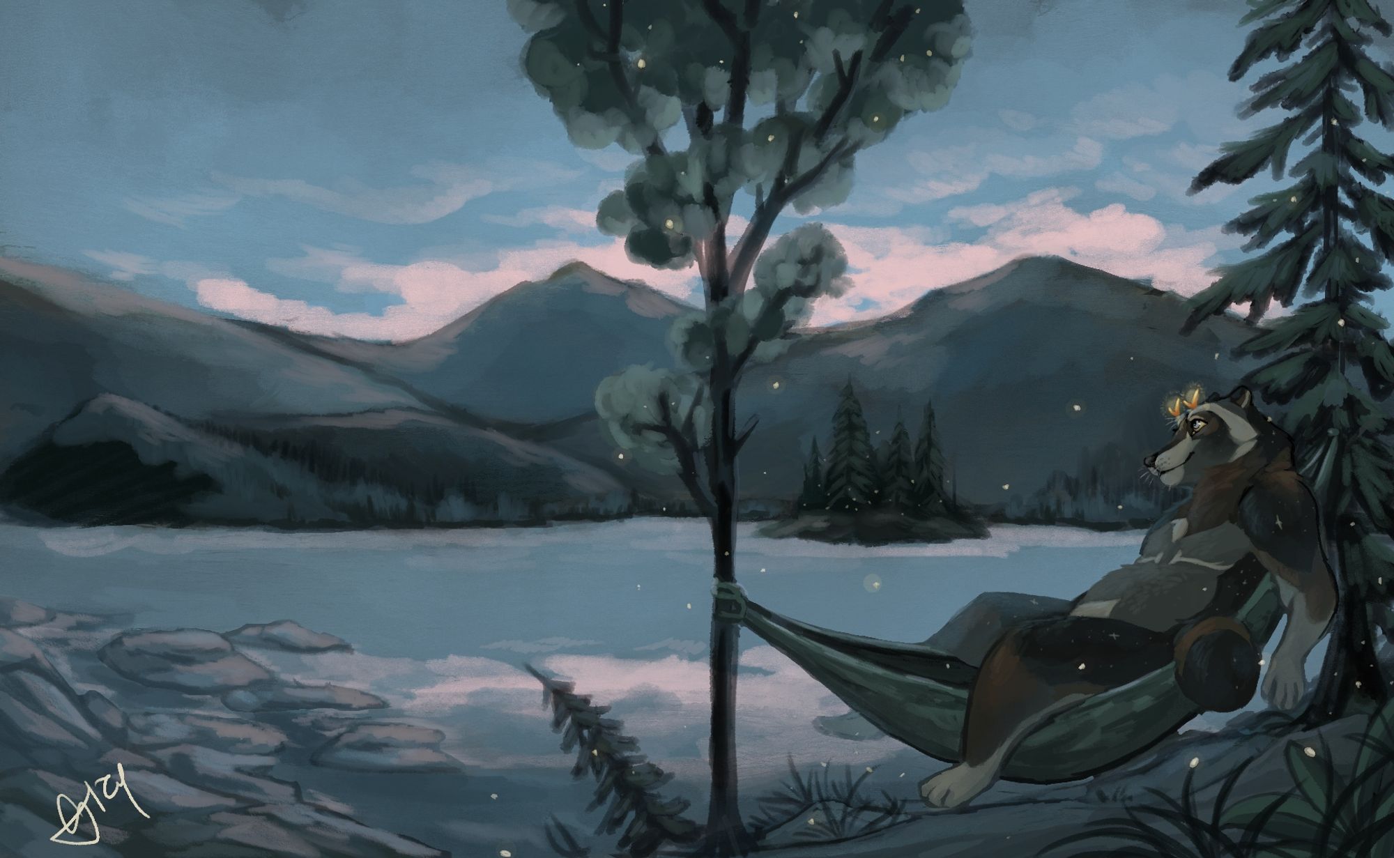 Art: raccoon with antlers in a hammock by a lake at dusk