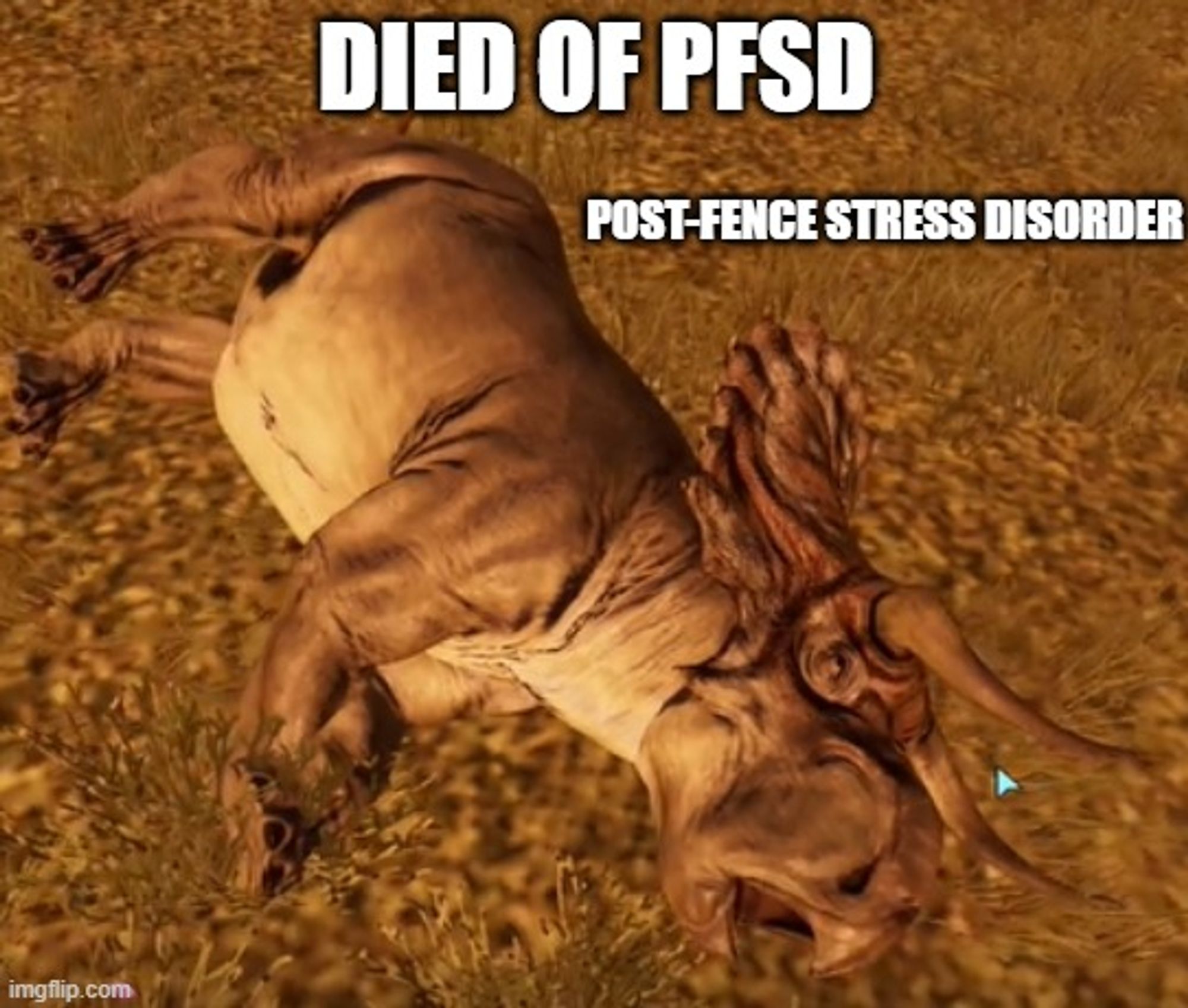 A screenshot of the game Jurassic World Evolution showing a dead nasutoceratops with the caption "died of PFSD: post-fence stress disorder"