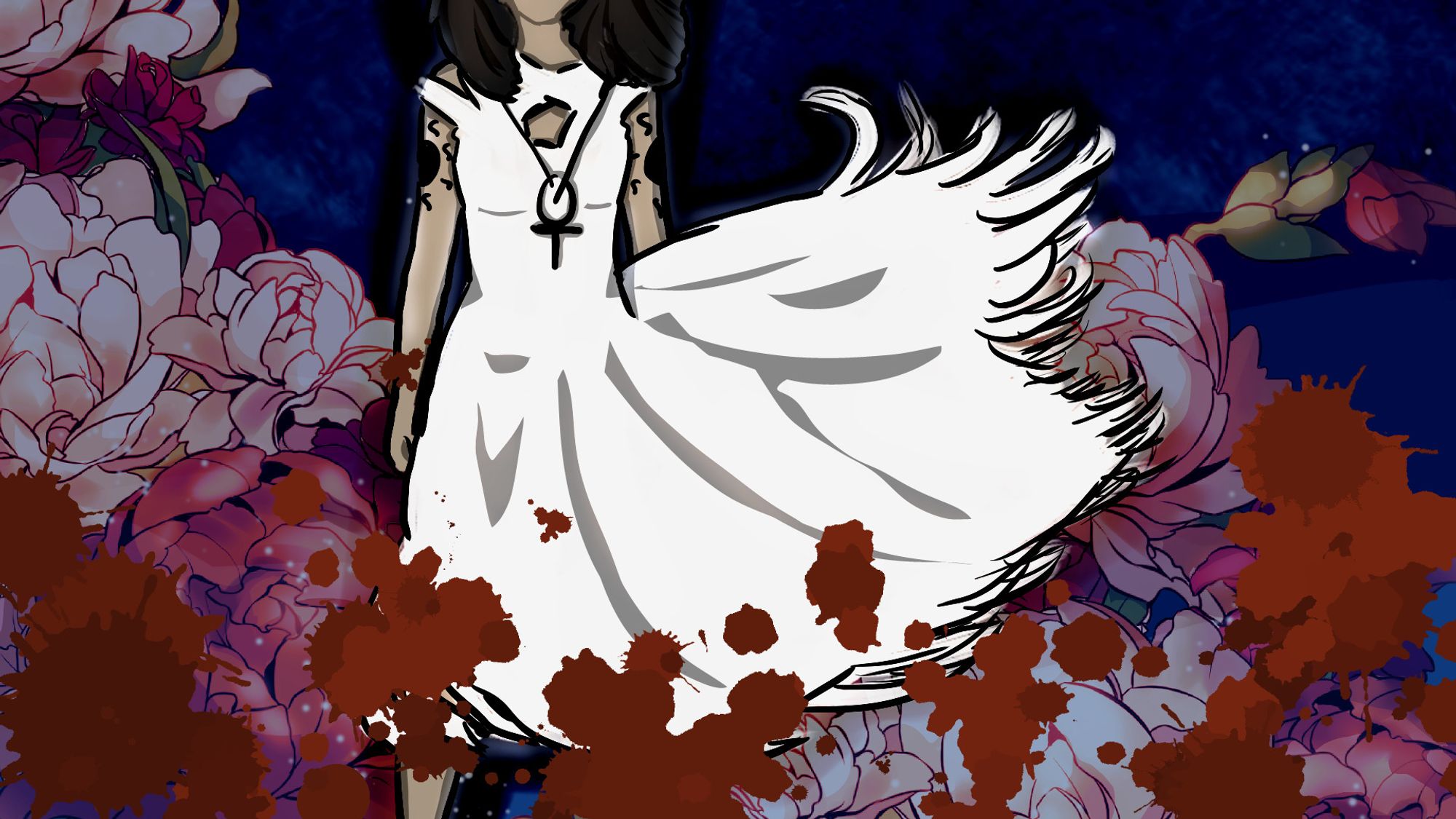 A woman wearing a white dress and an ankh necklace, with black suns tattooed on her arms. Her face is cut off, her stance is vaguely threatening. She is surrounded by red and white flowers and bloodstains against a dark blue background.