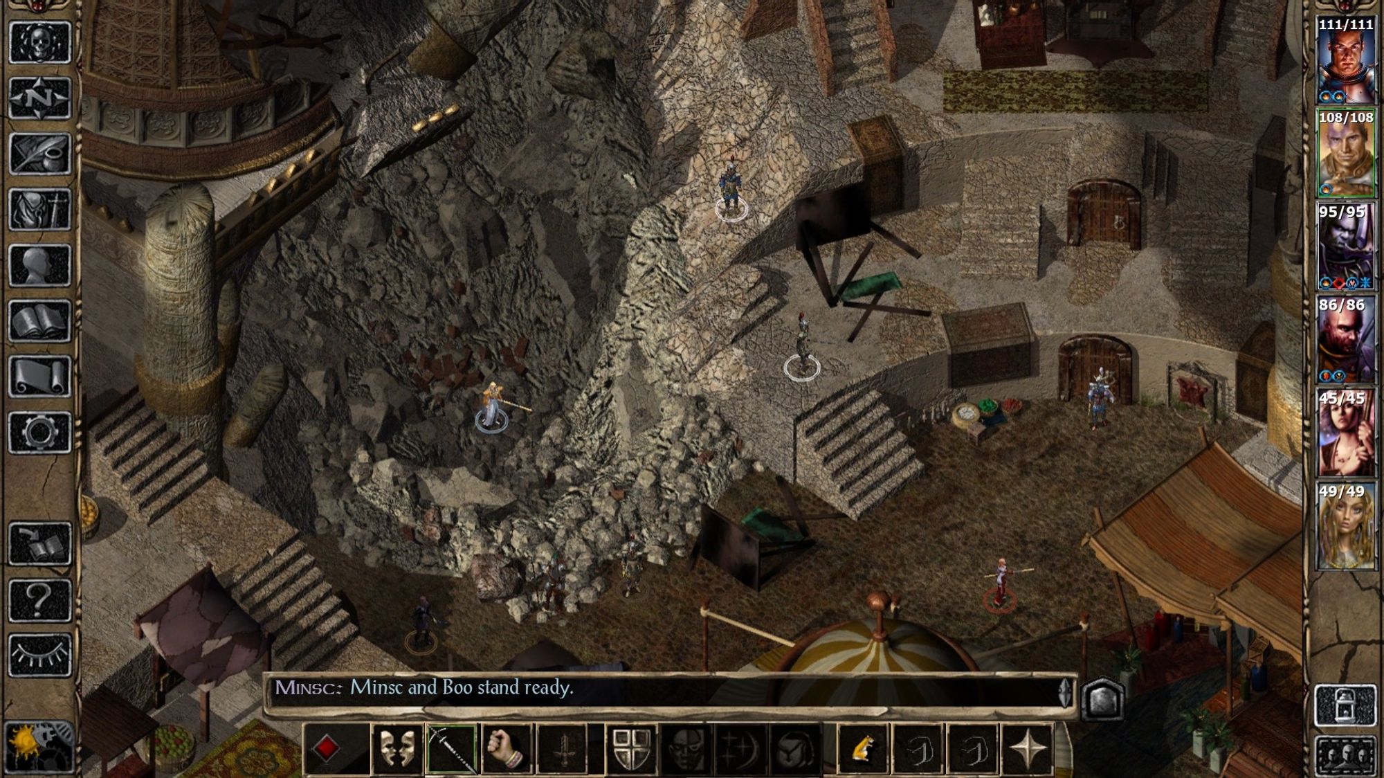 A screenshot of Baldur's Gate 2 showing the Cowled Wizards confronting the protagonist and their party in Waukeen's Promenade