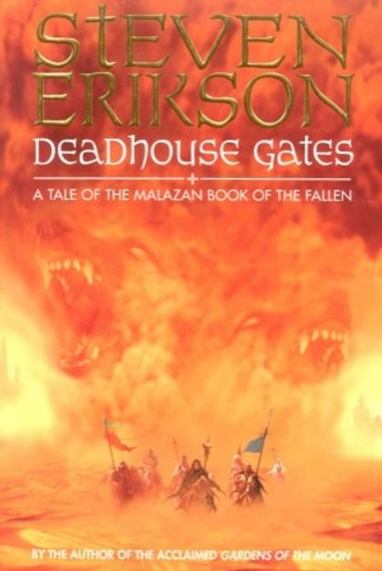 Book cover of Steven Erikson's Deadhouse Gates (2000) showing a procession of horseriding warriors fleeing ahead of a giant sandstorm in which huge barking dogs can be seen amid the dust clouds