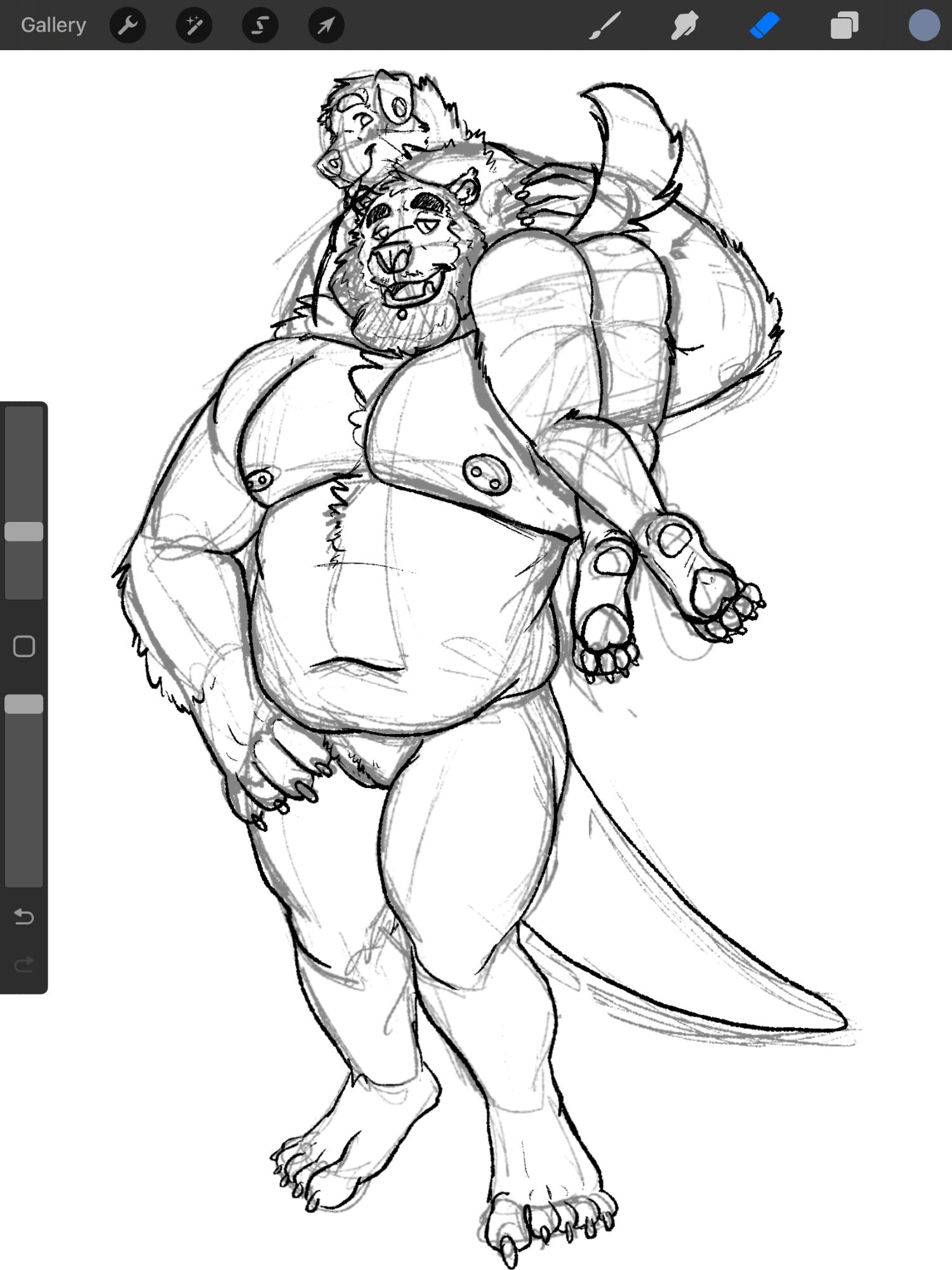 Sketch of a large BearOtter hybrid with a chubby beefy build holding a smaller Dog over his shoulder.