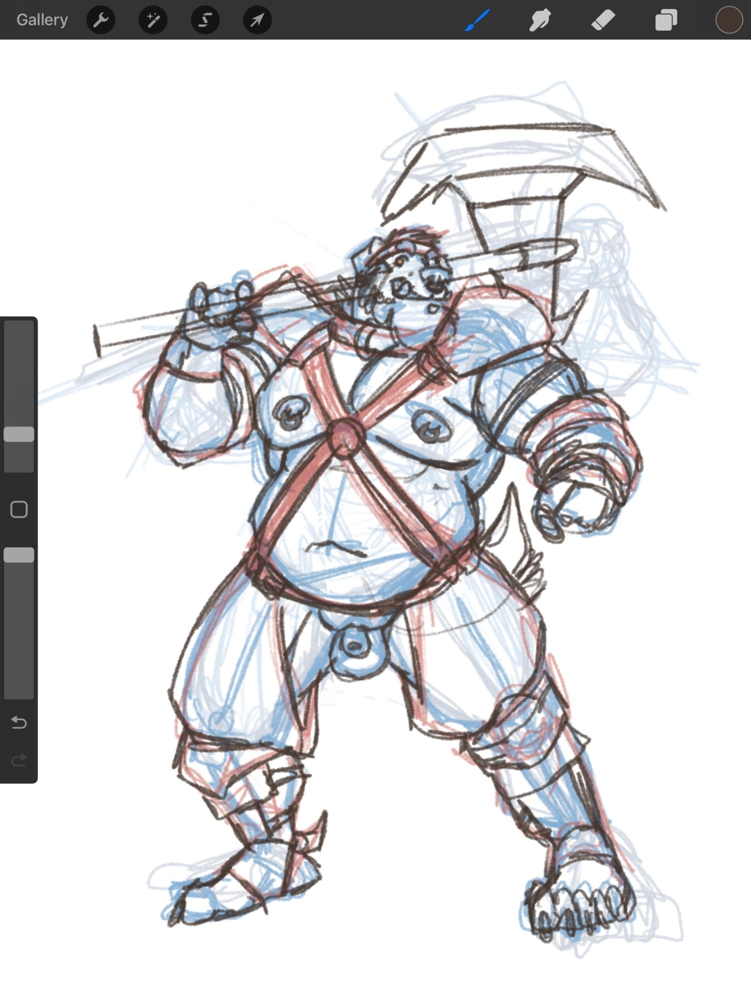 Muscle chub dog man wearing revealing barbarian gear that shows off chest, belly and genitals. He's wielding a large battle axe.