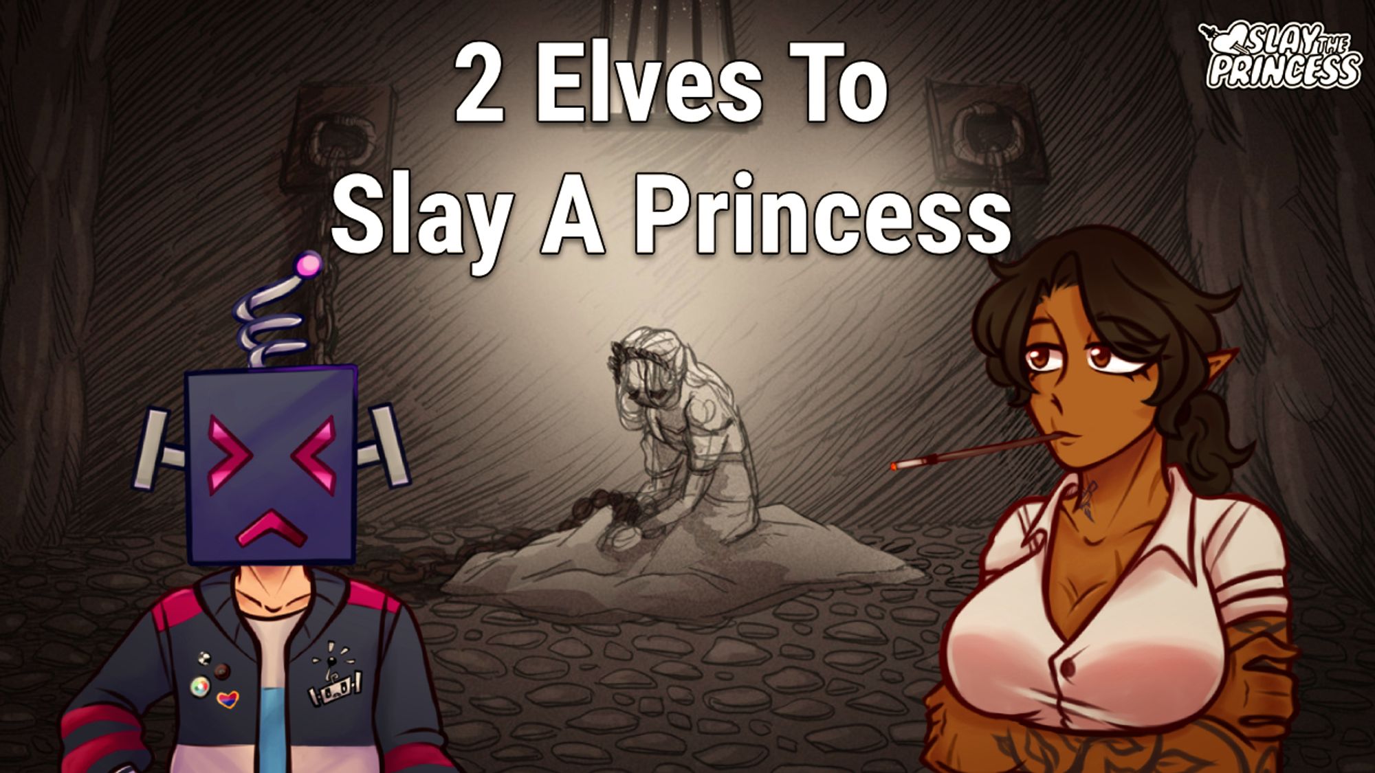 A thumbnail for a stream by Vincent VNNZ Vogel

Background is the screenshot from the game "Slay The Princess", showcasing a Princess, looking down, chained to the walls.

On the foreground, there is Vincent with his helmet on the left and Khist smoking a cigarette on the right.

"2 Elves to Slay A Princess" is the title of the stream.