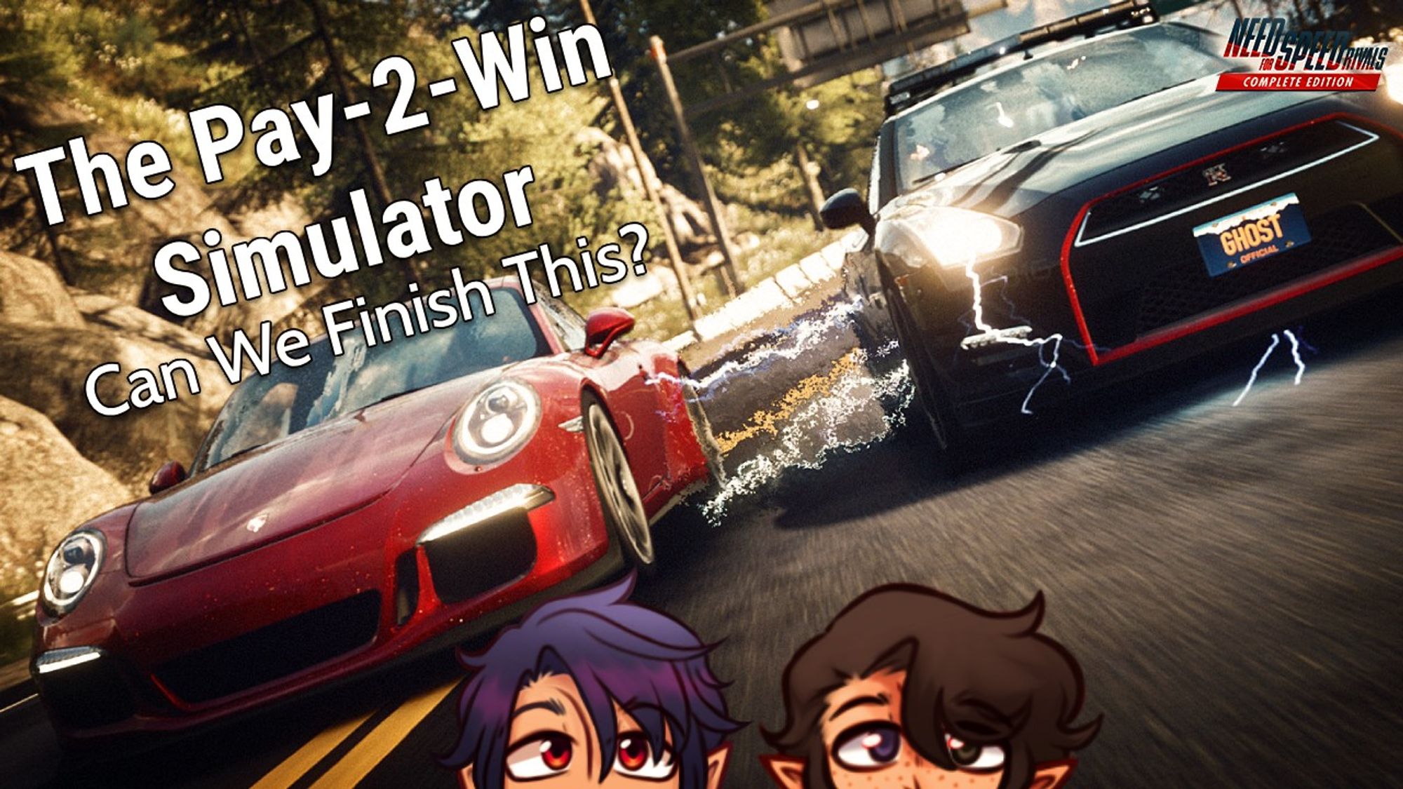 A thumbnail for Vincent VNNZ Vogel stream.

The background has a red Porsche and a police version of the Nissan GTR battling each other on a highway.

The title of the stream is "The Pay-2-Win Simulator. Can We Finish This?"

On the bottom, there are Vincent and Elden staring into the viewer.