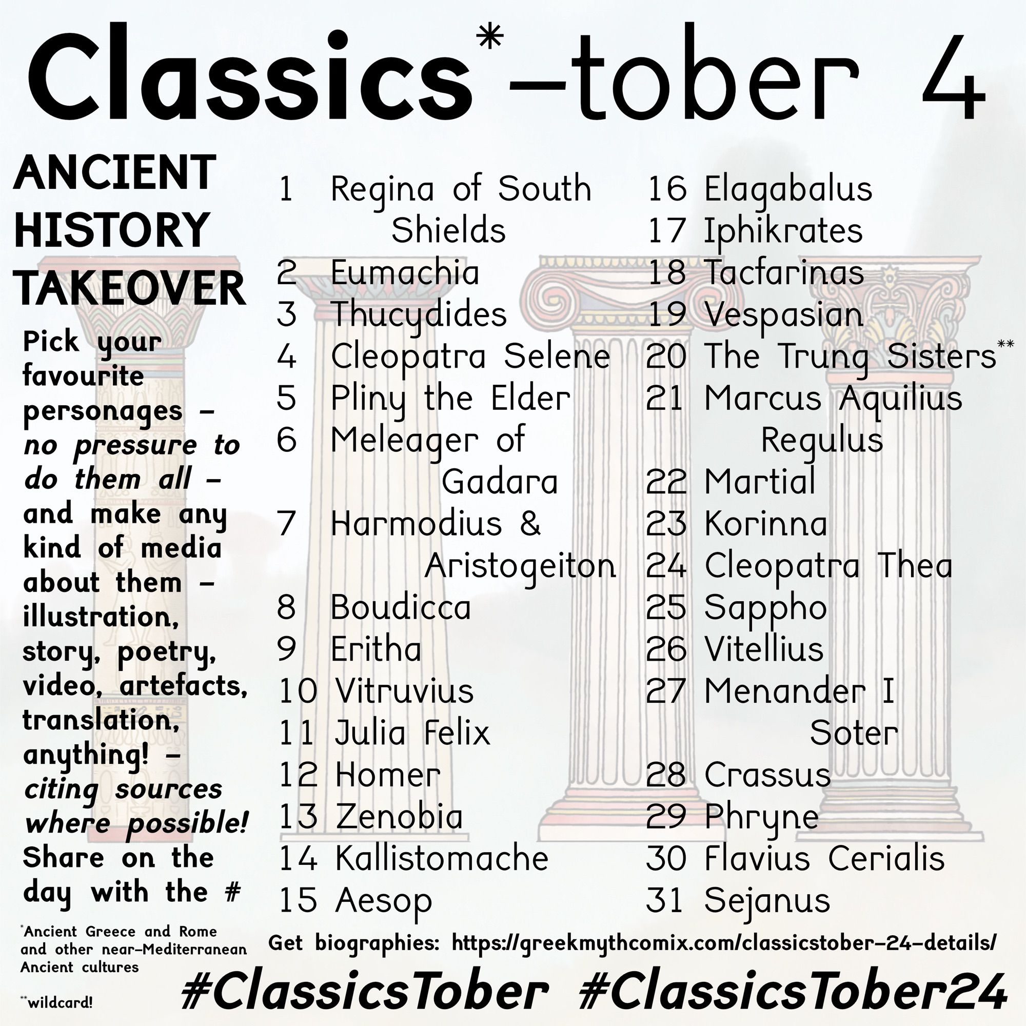 Classics*-Tober4
ANCIENT HISTORY TAKEOVER!
* Pick your favourite personages – no pressure to do them all – and make any  kind of media about them – illustration,  story, poetry, video, artefacts,translation,  anything! –   citing sources where possible! Share on the  day with the #
1 Regina of South Shields
2 Eumachia
3 Thucydides
4 Cleopatra Selene
5 Pliny the Elder
6 Meleager of Gadara
7 Harmodius and Aristogeiton
8 Boudicca
9 Eritha
10 Vitruvius
11 Julia Felix
12 Homer
13 Zenobia
14 Kallistomache
15 Aesop
16  Elagabalus
17 Iphikrates
18 Tacfarinas
19 Vespasian
20 The Trung Sisters**
21 Marcus Aquilius Regulus
22 Martial
23 Corinna
24 Cleopatra Thea
25 Sappho
26 Vitellius
27 Menander I Soter
28 Crassus
29 Phryne
30 Flavius Cerialis
31 Sejanus
#ClassicsTober #ClassicsTober24
*Ancient Greece and Rome and other near-Mediterranean Ancient cultures 
**wildcard!