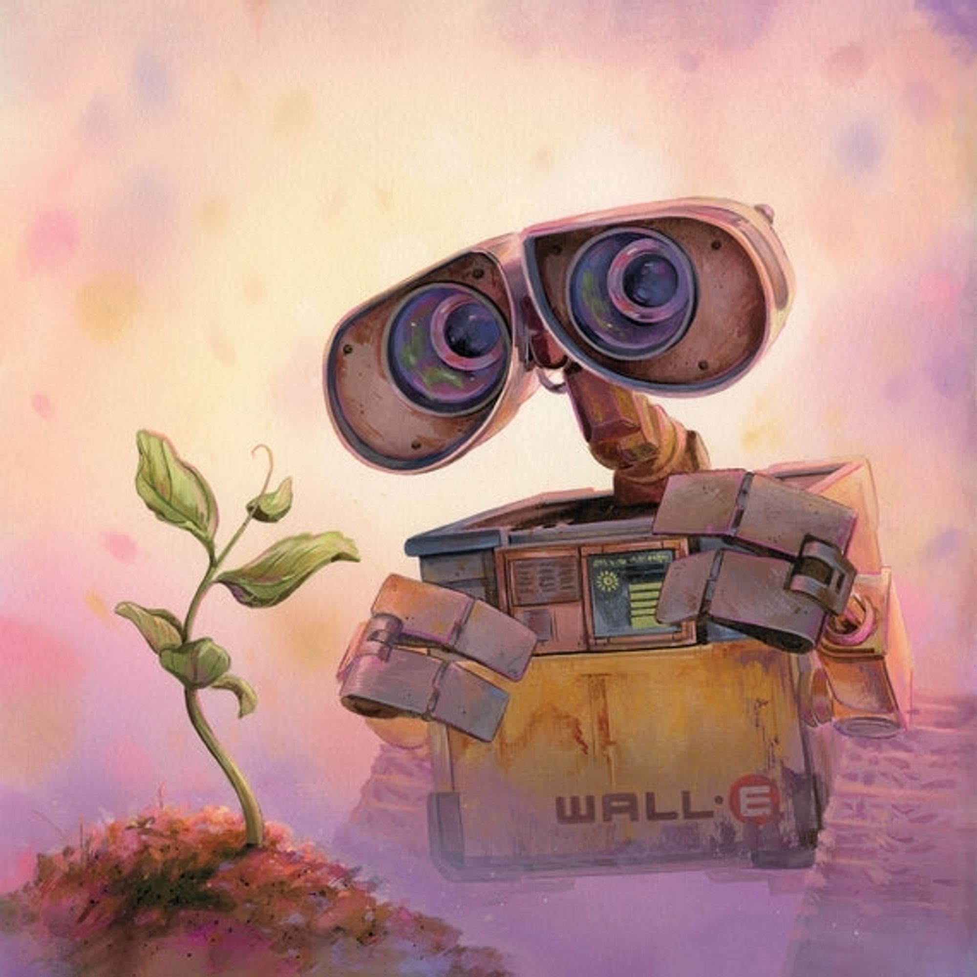 Ilustração de Nicole Gustafsson para o LP de WALL-E com o Robô WALL-E observando o nascimento de uma muda de planta.