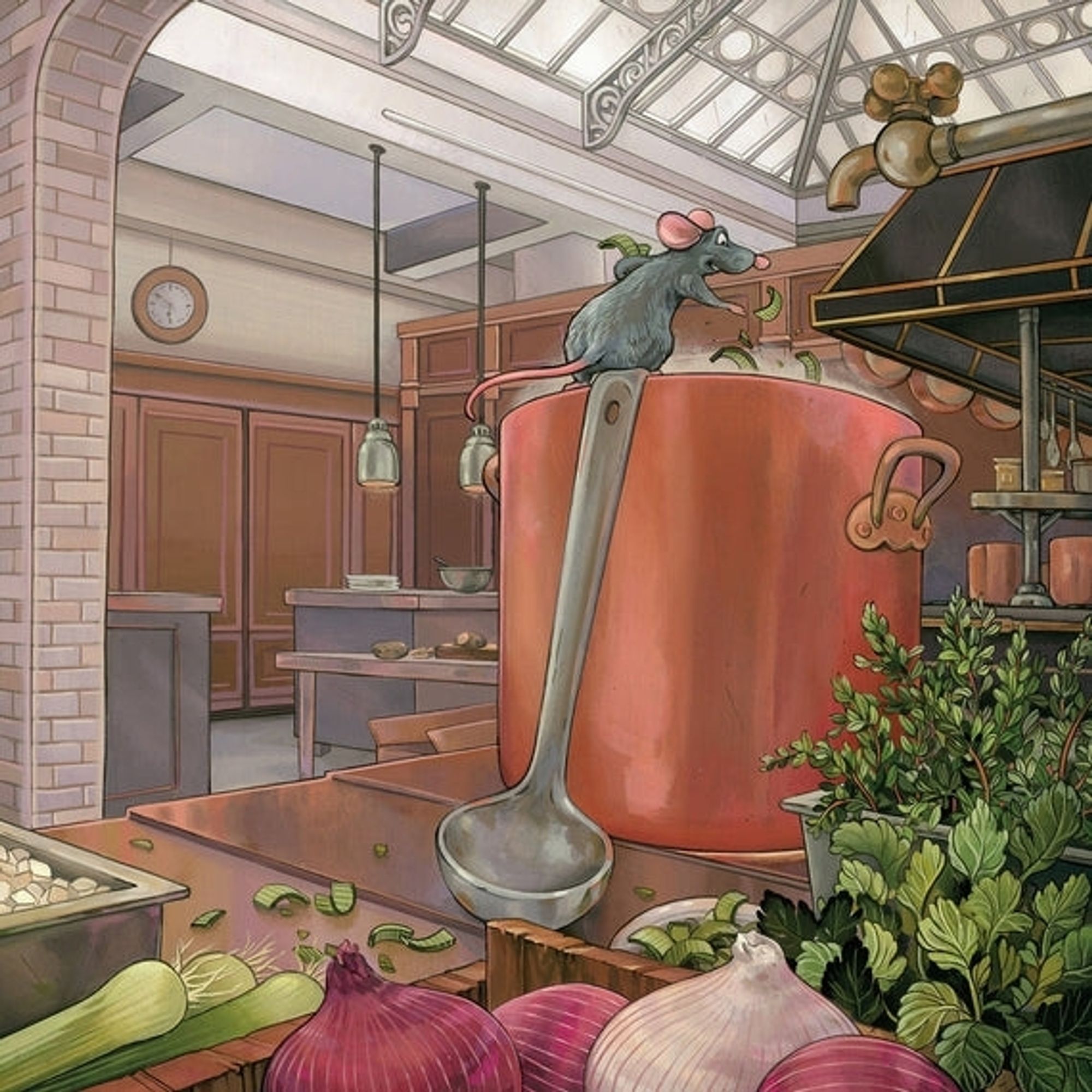 Ilustração de Nicole Gustafsson para o LP de Ratatouille com o ratinho Remy cozinhando sobre uma panela de cobre, adicionando temperos e ingredientes, na cozinha do restaurante Gusteau's.