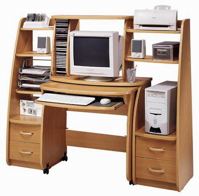 90s computer desk with shelves for speakers, tower, printer, pull-out mouse and keyboard drawer etc