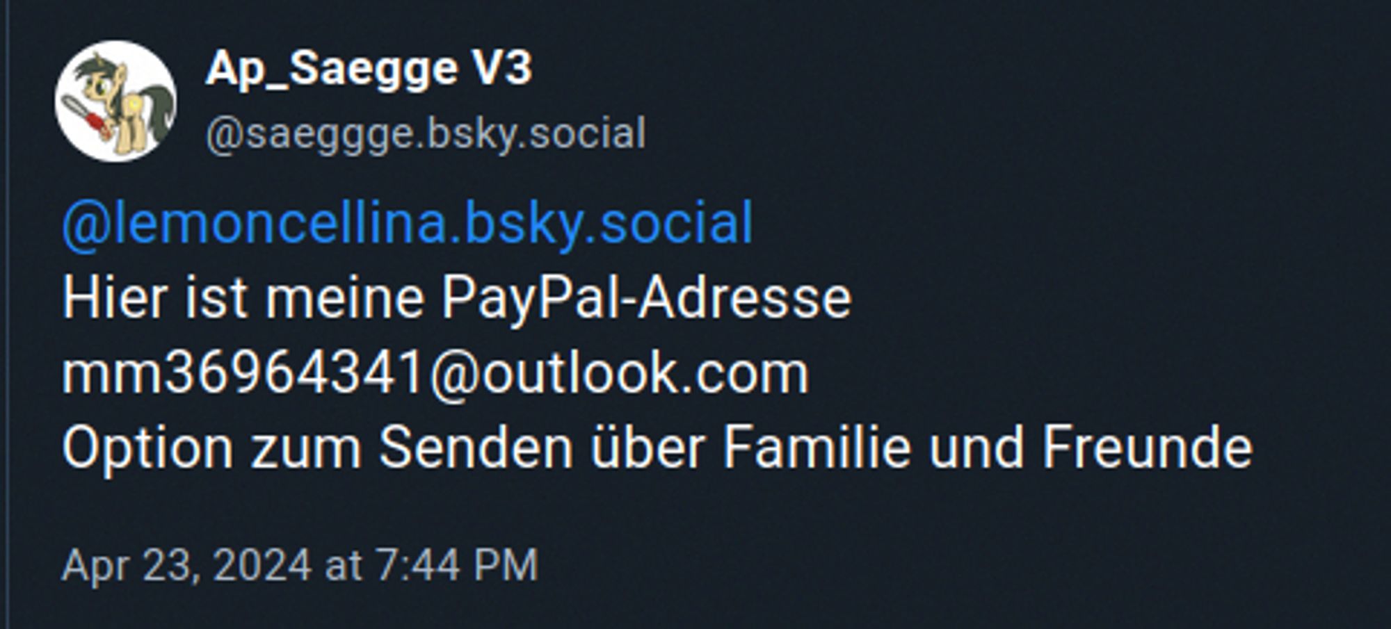 Scambot, der Saegge klont, um Paypalspenden zu ergaunern