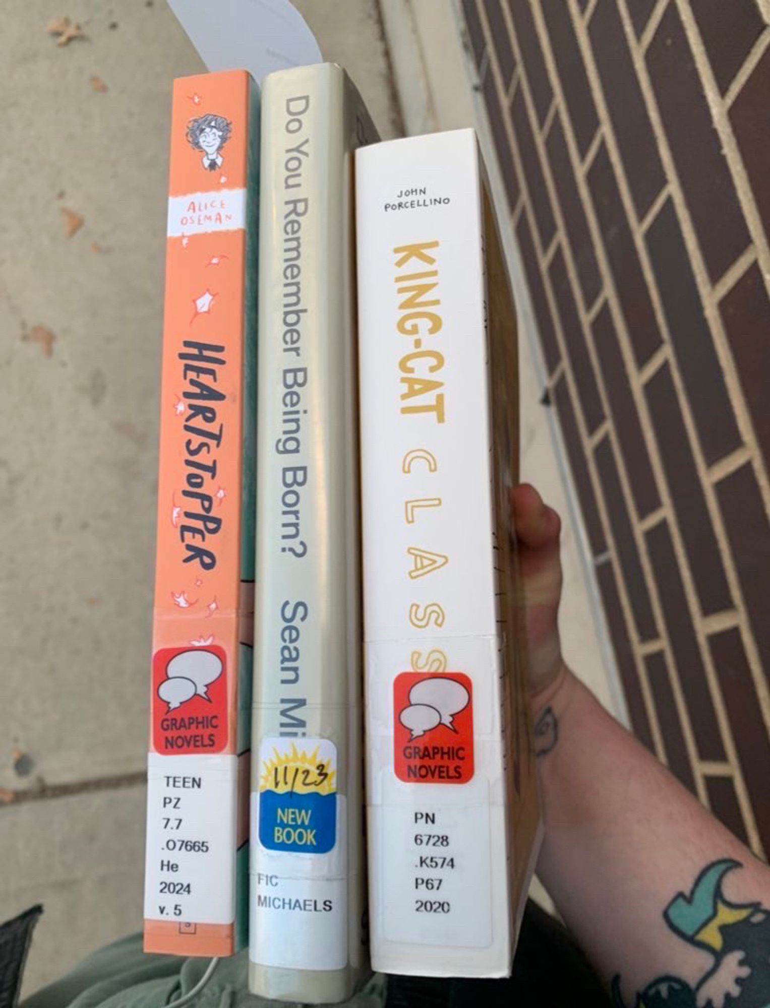 me holding three library books: heartstopper volume 5, do you remember being born?, and king-cat classics