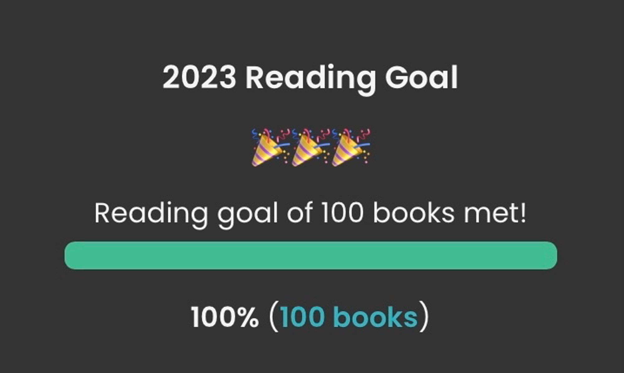 2023 reading goal of 100 books met.