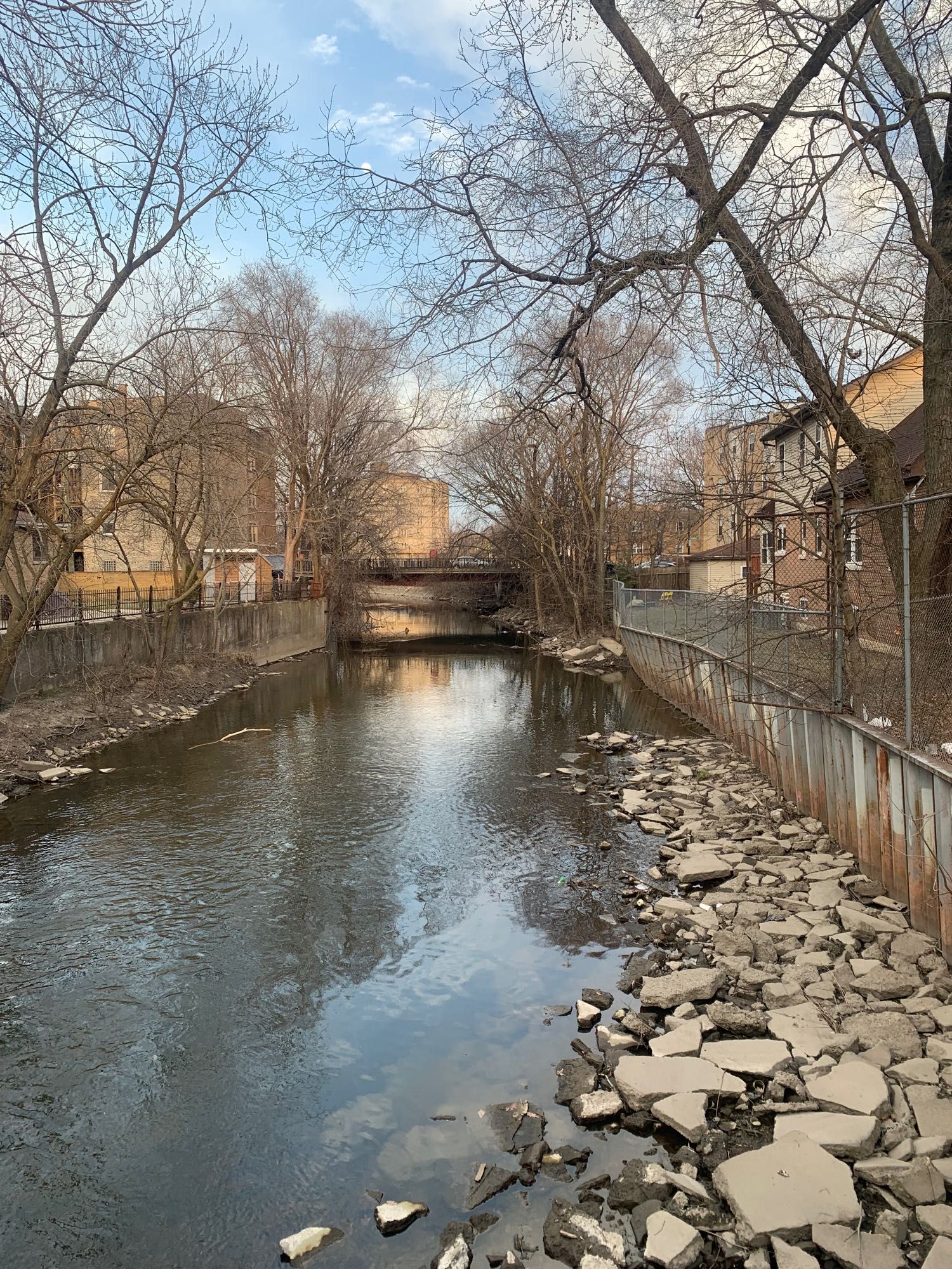 a tranquil section of the north branch chicago river under a bridge