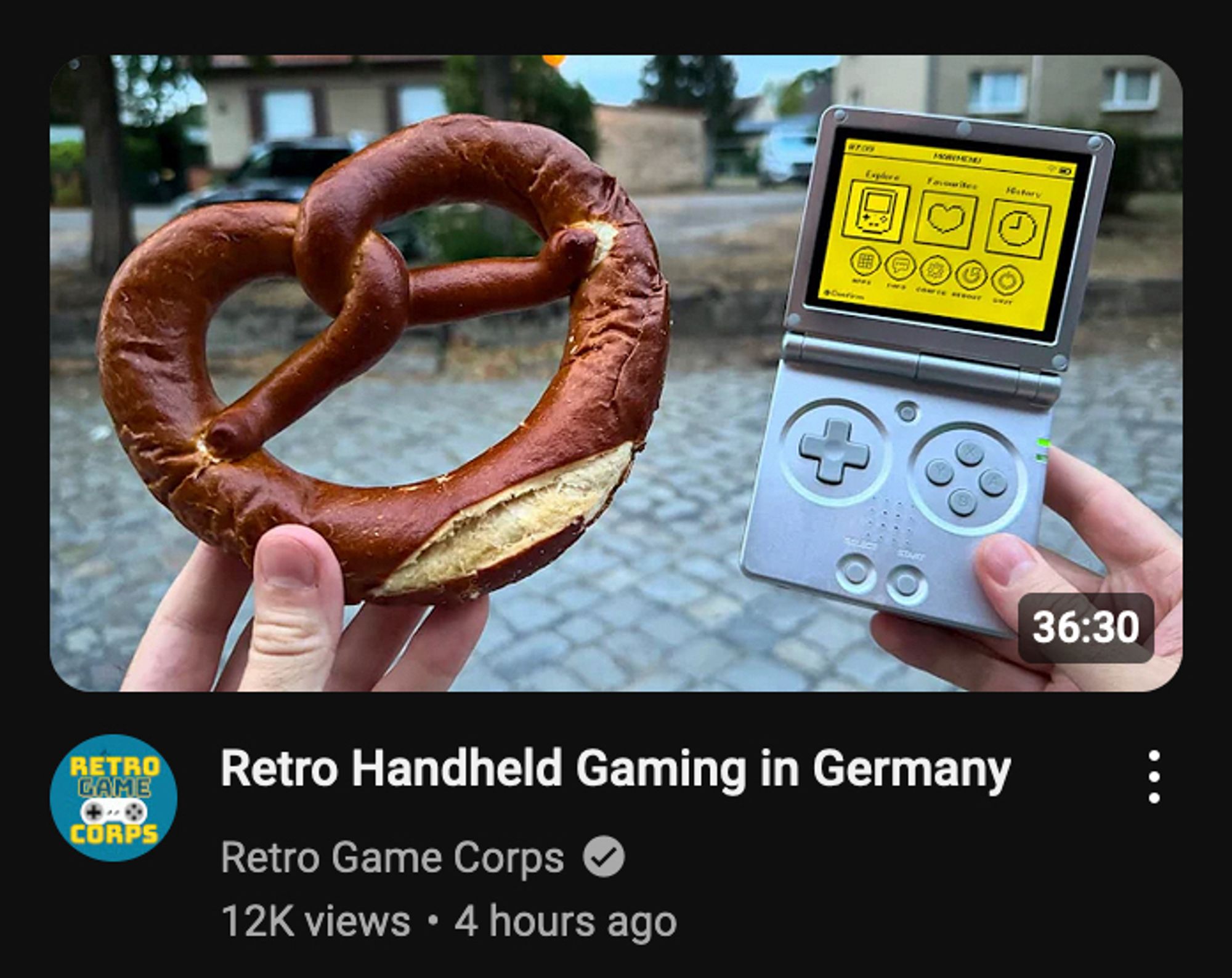 A YouTube video titled Retro handheld gaming in Germany. The thumbnail shows one hand holding a large pretzel and the other holding a GameBoy Advance SP