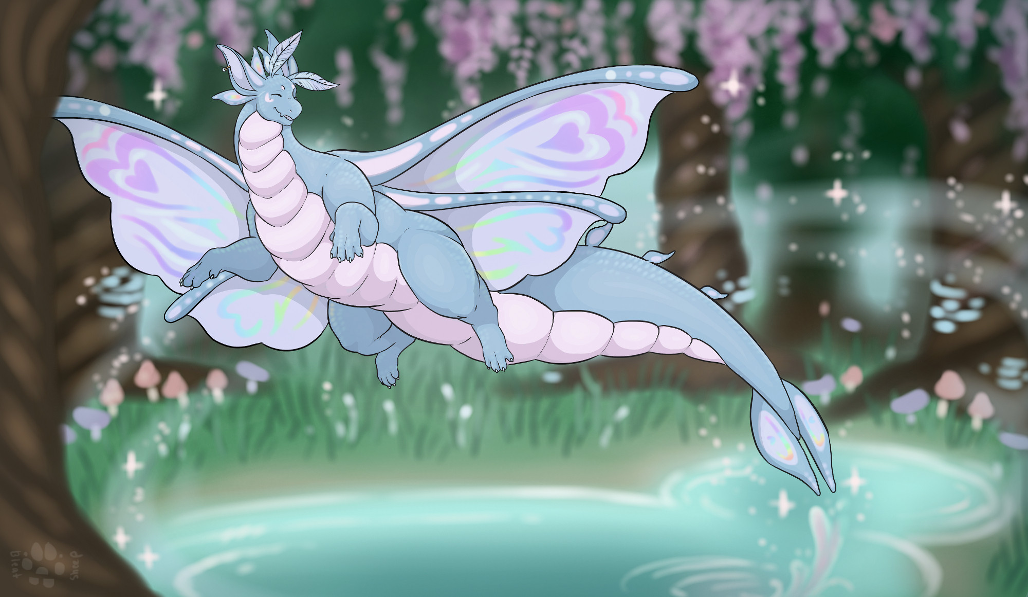 A blue and pink fairy dragon, with rainbow patterned wings, flits sweetly through a magical clearing, whipping up glitter and sparkles around them.