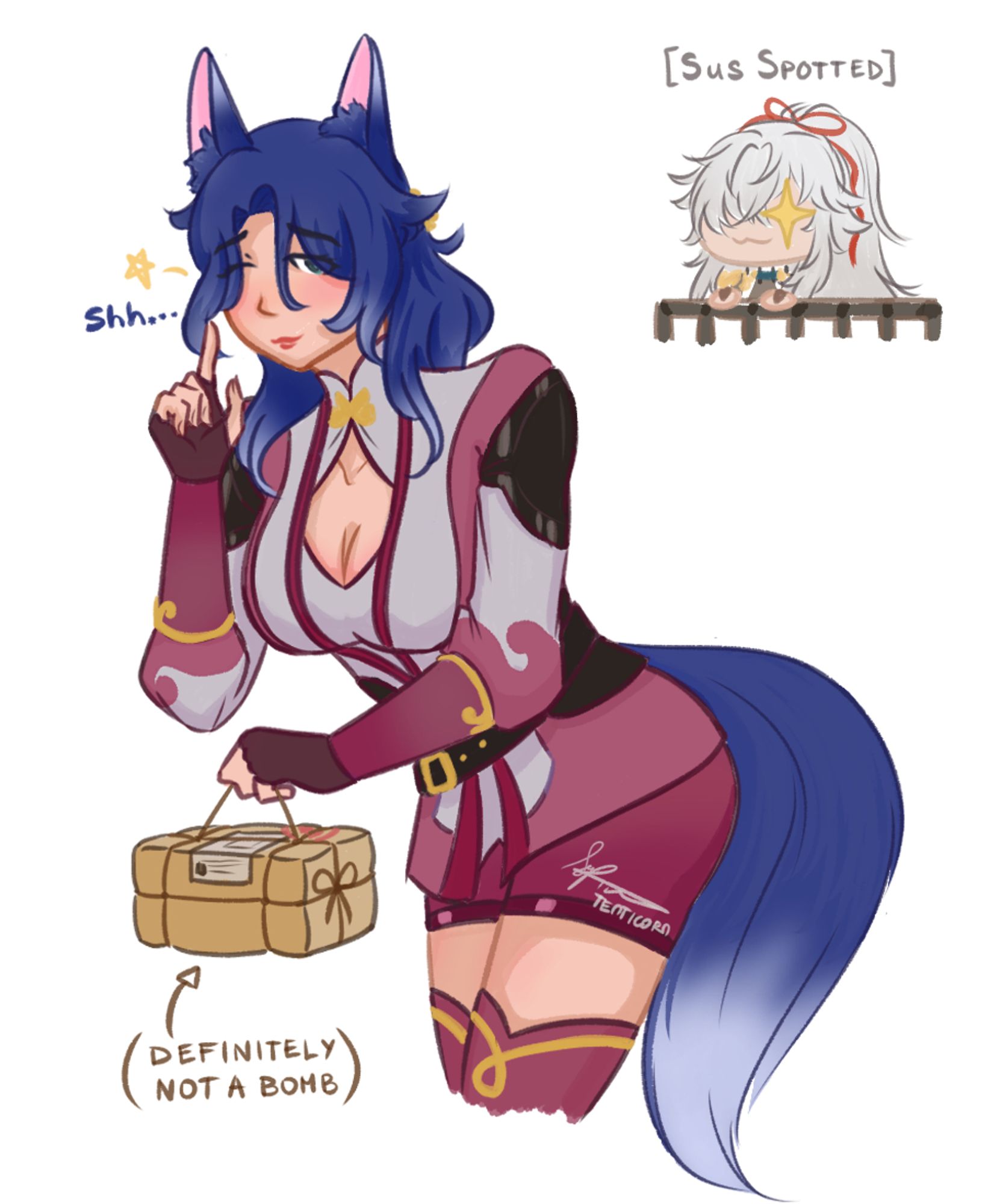 Drawing of Sampo Koski from Honkai: Star Rail dressed up as a foxian NPC from the Xianzhou Luofu, with white and magenta designs. She has blue hair, blue fox ears, and a blue tail, all with white tips. She's winking at the camera and making a shushing gesture with one hand, while her other hand holds a brown package labeled 'definitely not a bomb'. Jing Yuan, a man with long, messy white hair, can be seen spying on her from a distance.