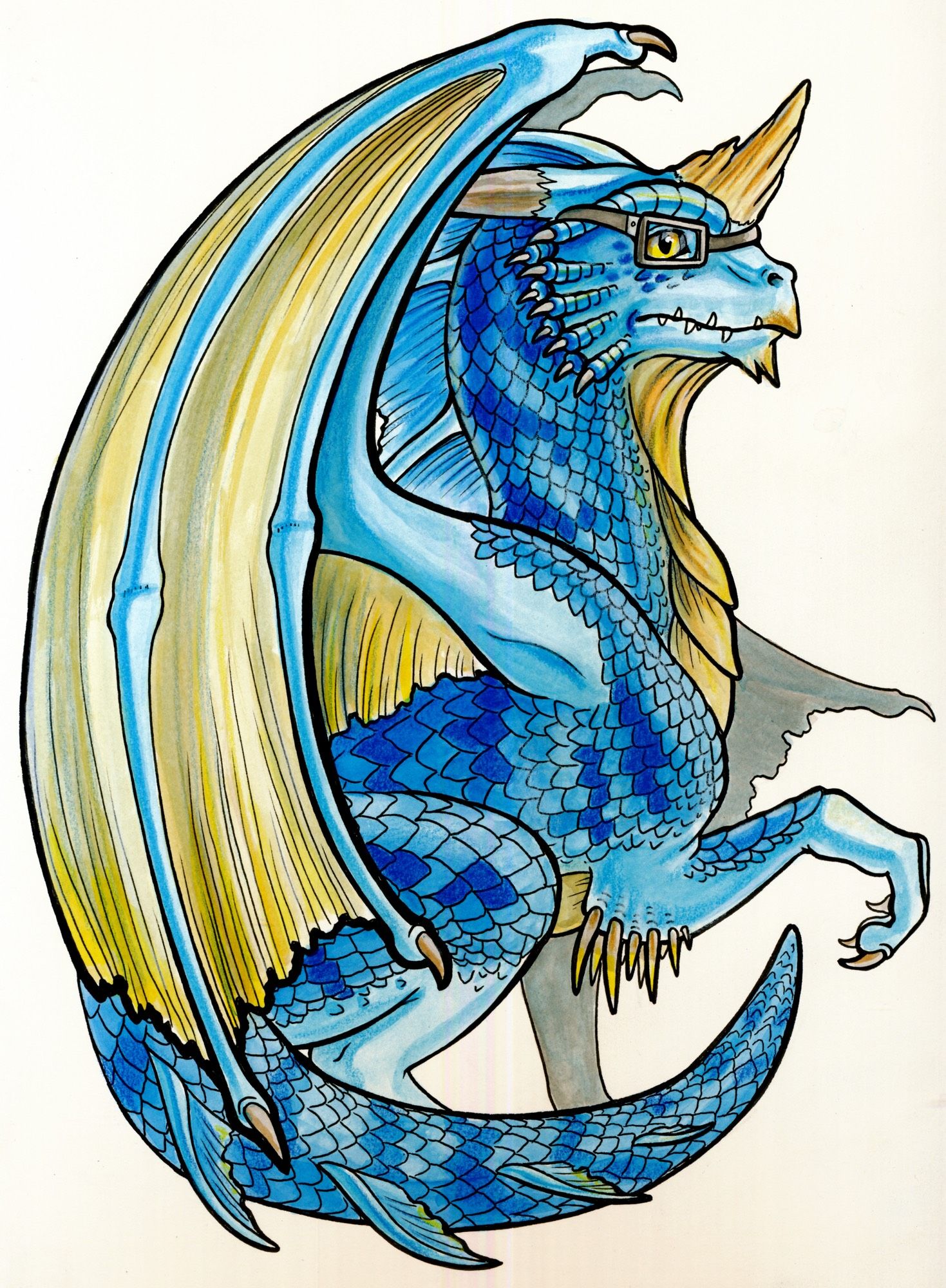 This is my PFP/OC Ppete The Scaleless, a blue lightning dragon with square glasses and  yellow horns and wings and chest plate. He is standing erect in a pose to make a good circular picture for a PFP. Art by @xenotropos.bsky.social on BlueSky.