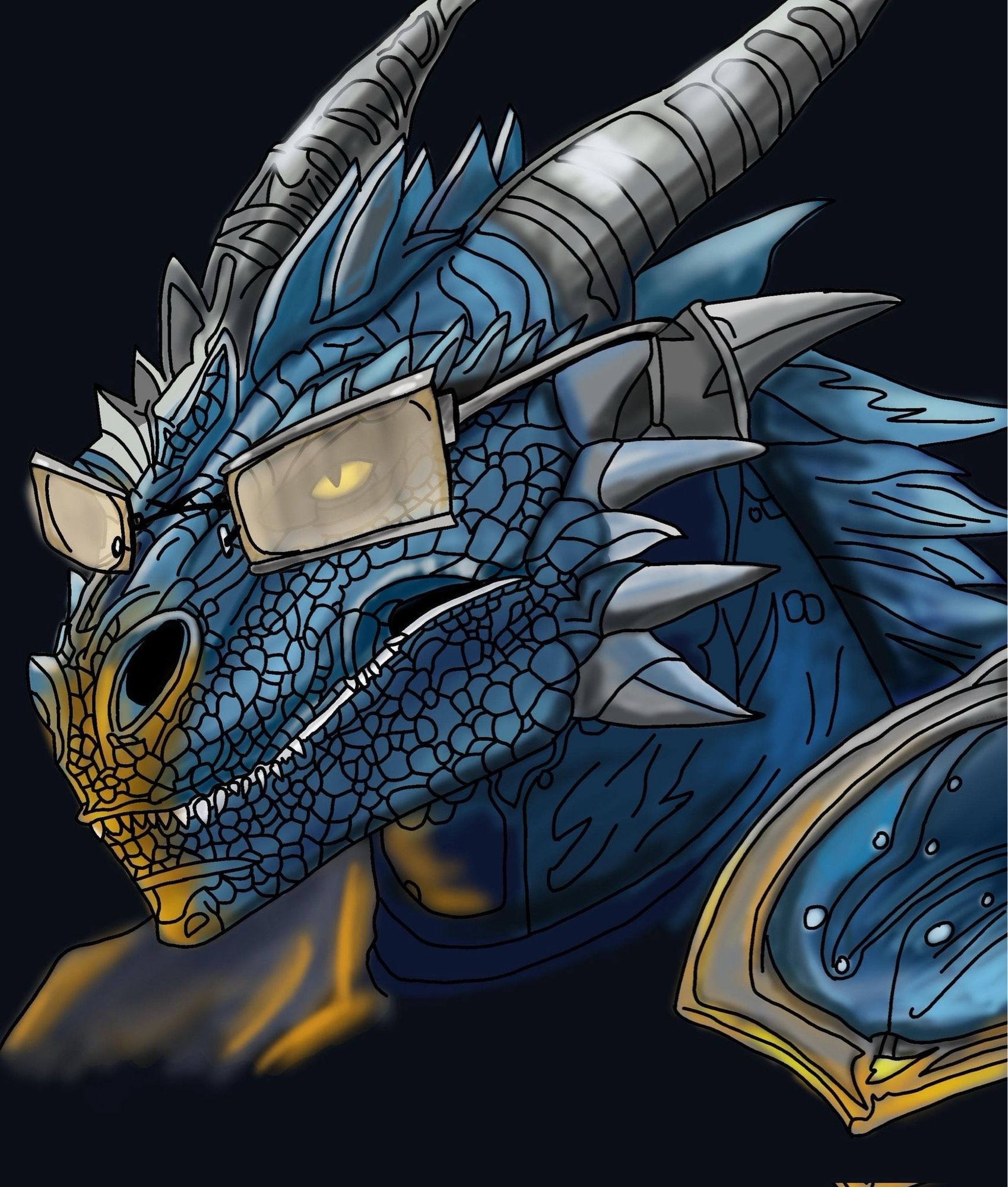 My OC/PFP is an anthropomorphic blue dragon with square glasses and some armor in bronze lighting. Staring menacingly off to the corner. He has two sets of large curved grey horns on his head, one set behind his ears. and smaller horns down the side of his face. He is wearing some armor on his shoulders. This bust version is anthropomorphic but I need to get a reference sheet of the rest of his body and wings both in this form and in his pure dragon form because he can transform between the two. Art by Itania Melson @ItaniaArt08 on twitter.