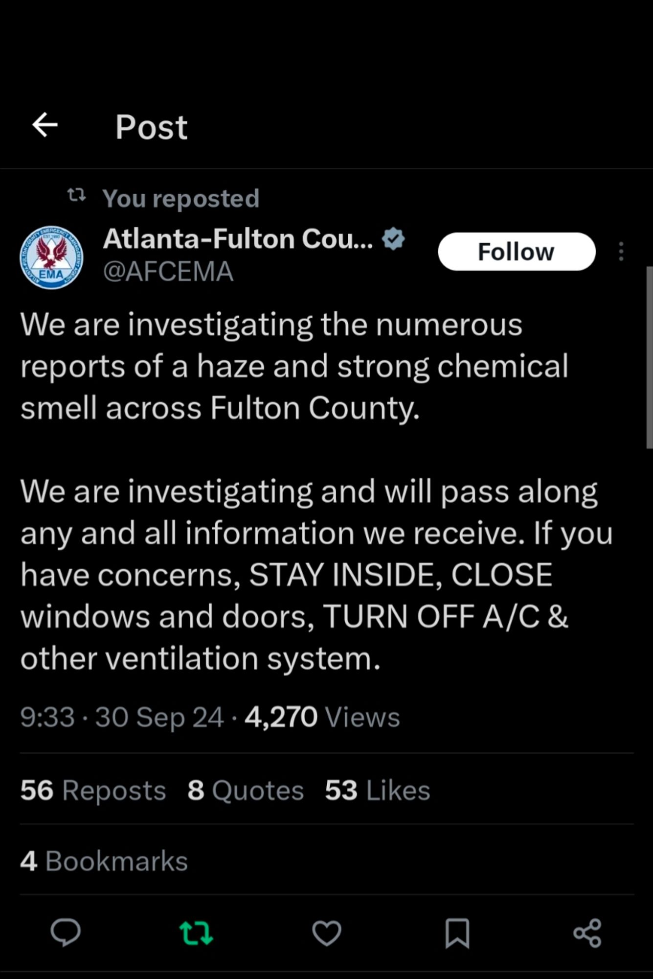 We are investigating the numerous reports of a haze and strong chemical smell across Fulton County. 

We are investigating and will pass along any and all information we receive. If you have concerns, STAY INSIDE, CLOSE windows and doors, TURN OFF A/C & other ventilation system.