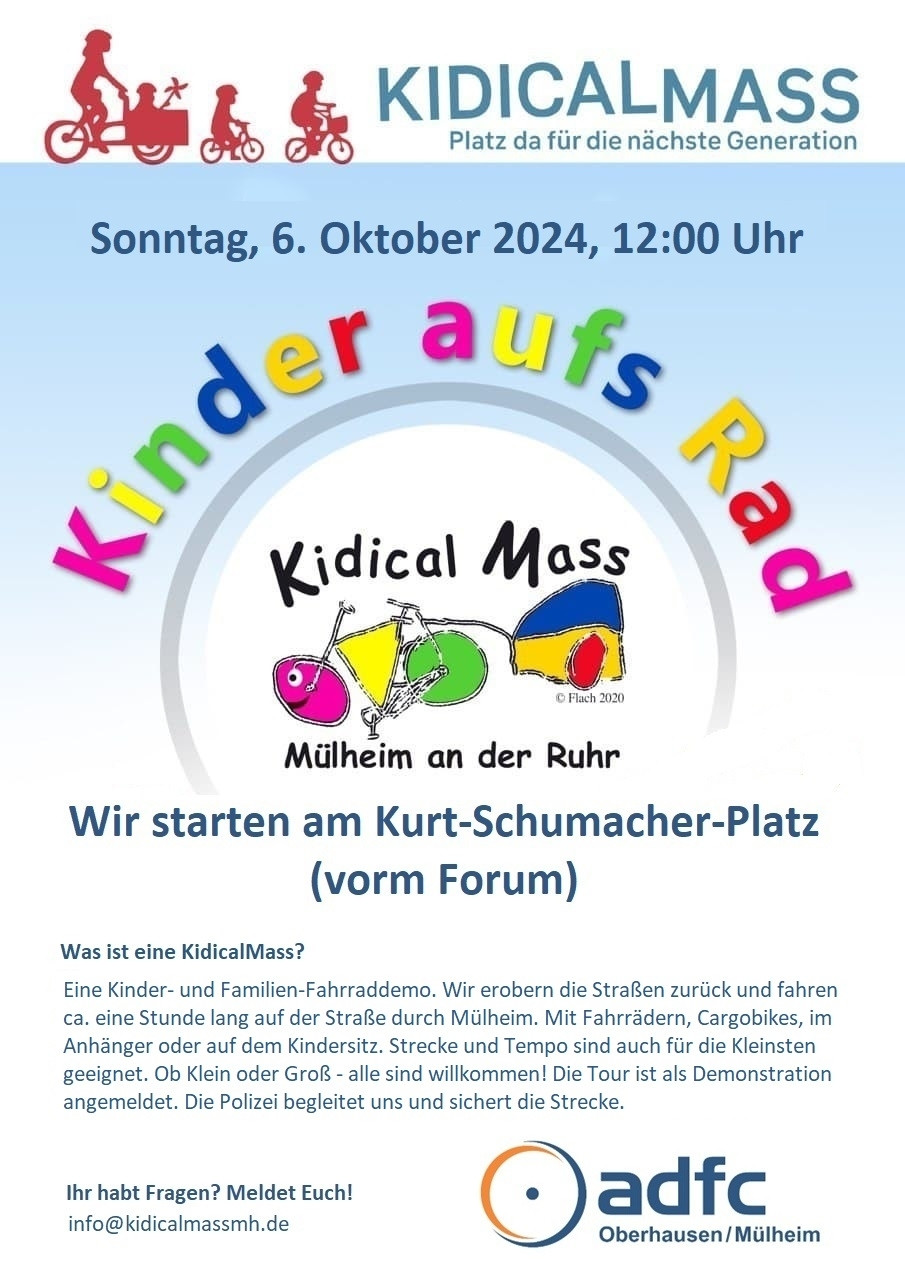 Am Sonntag, den 6. Oktober, findet ab 12:00 Uhr die nächste Kidical Mass statt. Treffpunkt ist auf dem Kurt-Schumacher-Platz. Wir fahren rund eine Stunde mit Polizeibegleitung durch die Innenstadt (Eppinghofen, Altstadt) und enden in der Müga.