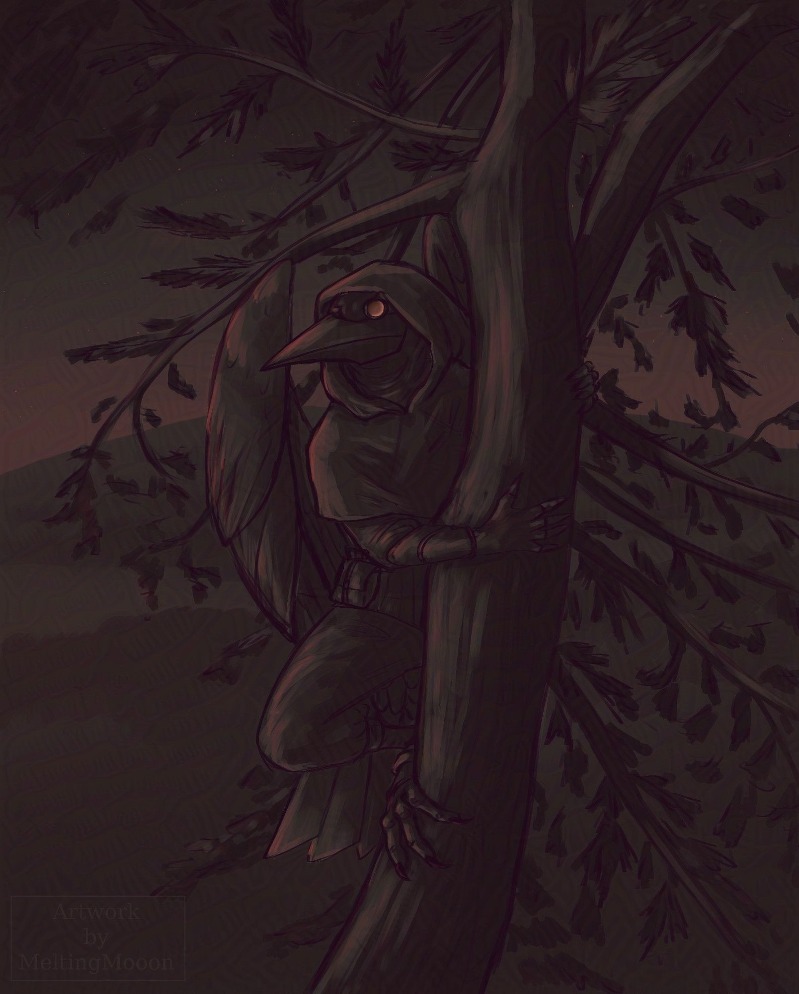 A monochrome drawing in dark brown and red tones. A anthropomorphic bird person sitting in a conifer tree, holding onto the tree trunk with their hands and feet. They are looking into the distance. The light reflects in the eye-glass of their plague doctor mask.