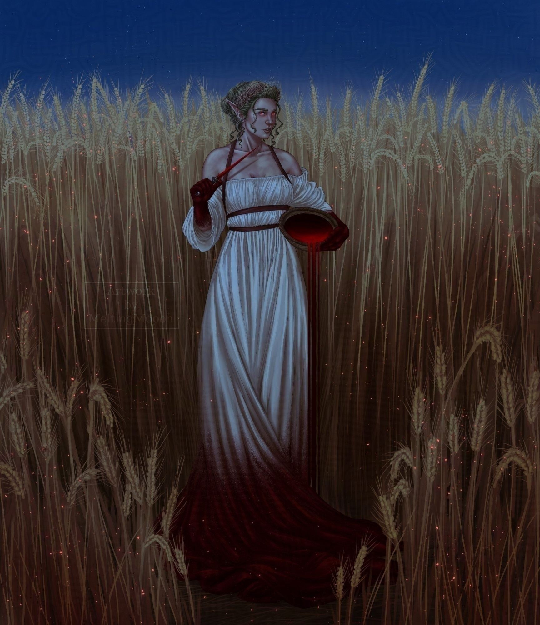 Digital drawing of a hexblood standing in a tall field of grain. It is night. They're wearing a white dress of a roman adjacent style, tied with a red band. Their green hair is tied up and they're wearing a wreath made out of grain. She's wearing a sharp dagger in her left hand, it's pointing towards her throat. In the right arm she's holding a basket that has red blood flowing out of it in straight lines. Her eyes are glowing in red. Her hands and the dagger are covered in dark blood. The lower part of her dress is drenched in red blood too. The blood in the basket and on the dagger are brighter, like they're glowing slightly. The sky is dark blue with stars. The grain around her is golden and there are red glowing lights like ember within the grain and around the figure.