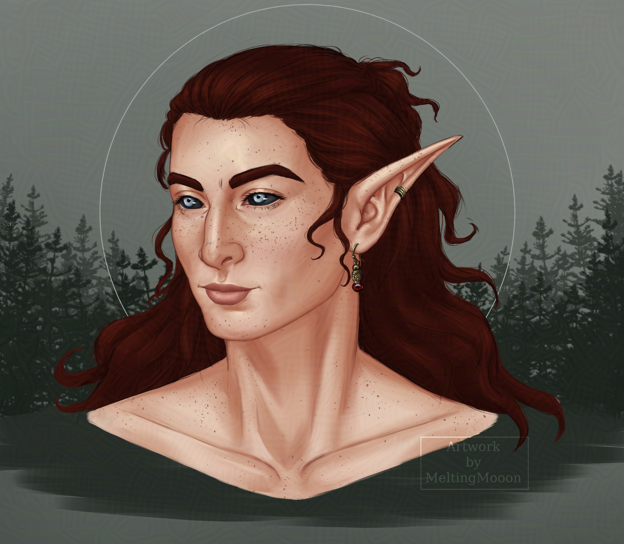 Digital drawing. A Portrait of a redheaded woman with freckles and light blue eyes with a dark sclera. She is looking to the side. Her hair is tied back and her ears are elven. She wears a earhanger and a piercing on her visible ear. The background is green and has tree shapes in a darker green.