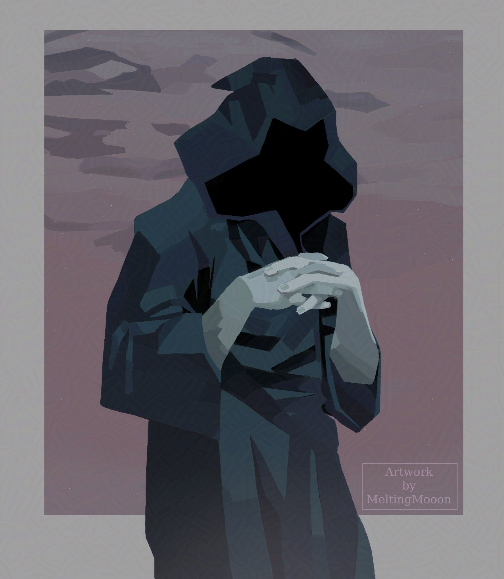 drawing of a figure in dark blue robes with a hood and an obscured face. The pale hands are folded in front of them. The background is simple in a pale colour and resembles a pink-ish grey sky with clouds and stars.