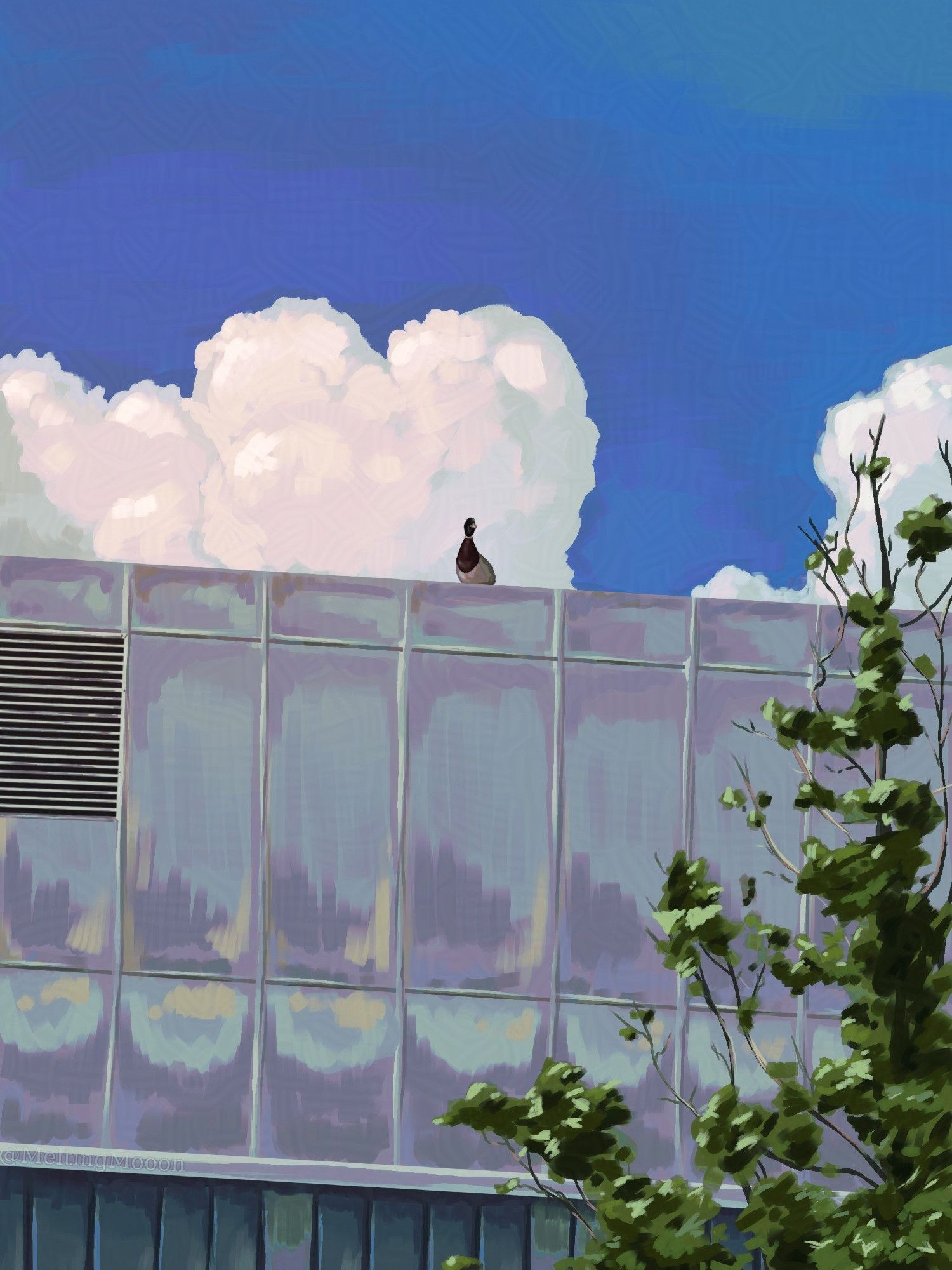 Digital drawing. A painting of a wide shot of a duck sitting on the flat roof of a mall building. The sky is blue. There are 2 big clouds. Theres a tree in the foreground.