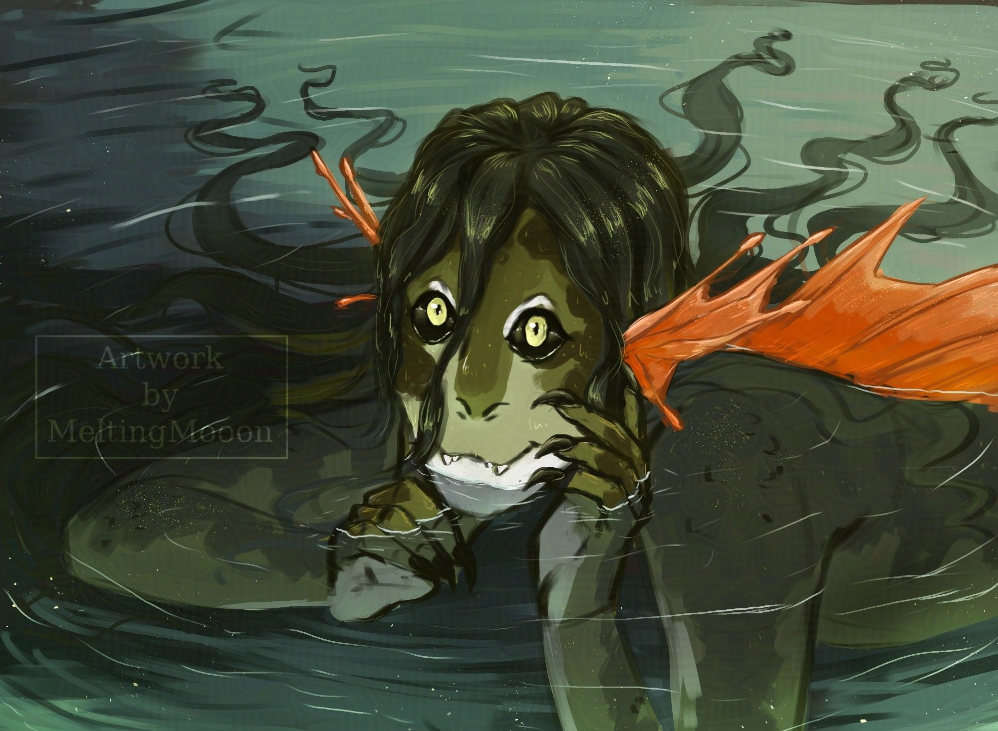 Digital drawing. A mer-person with long green hair looking out of the water. They have green skin in different hues and big yellow eyes looking up. They're smiling. They have a big orange dorsal fin and smaller orange Finn's at the side of their head.