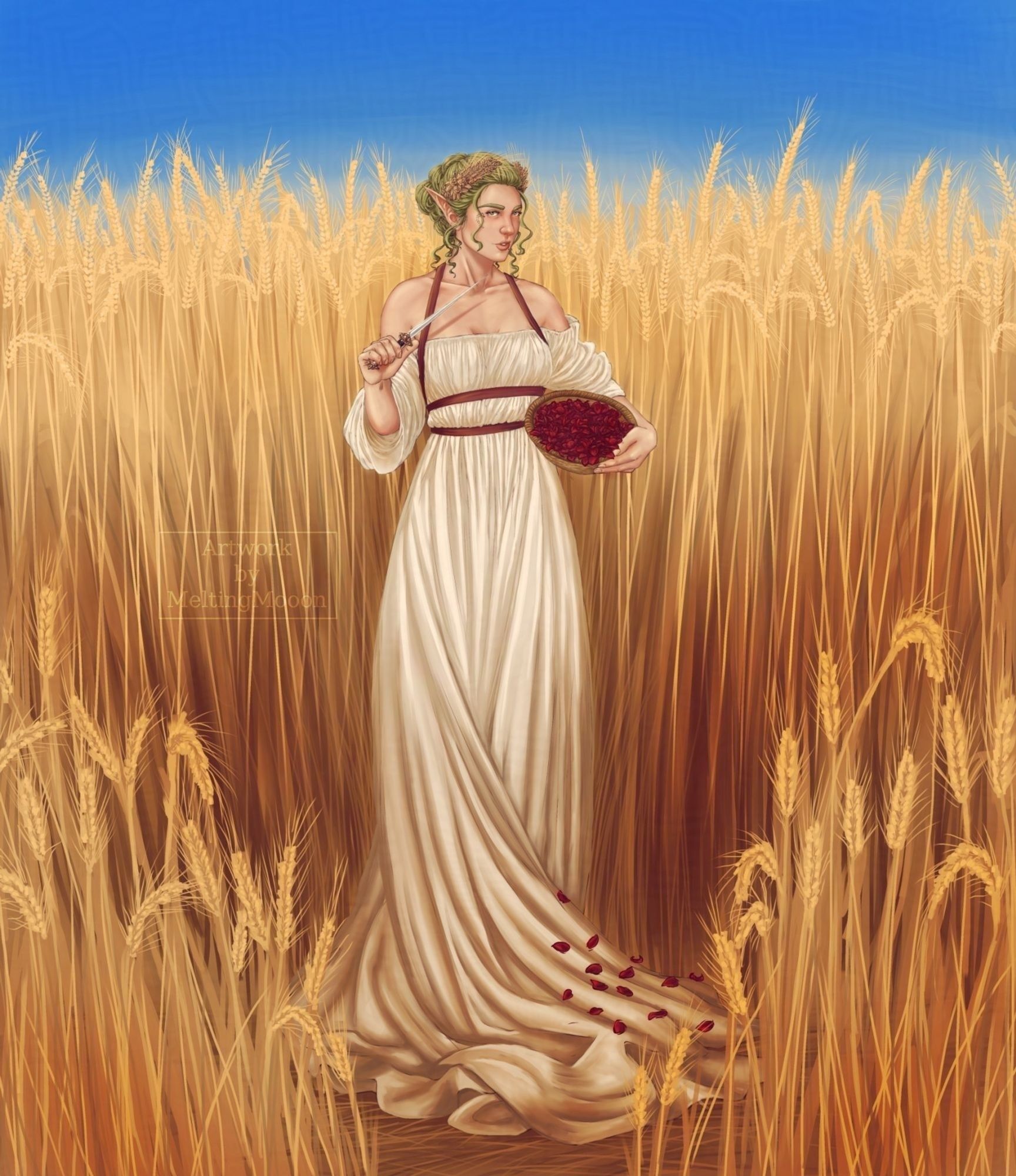 Digital drawing of a hexblood standing in a tall field of grain. They're wearing a white dress of a roman adjacent style, tied with a red band. Their green hair is tied up and they're wearing a wreath made out of grain. She's wearing a sharp dagger in her left hand, it's pointing towards her throat. In the right arm she's holding a basket with red flowers and petals inside. Some of the petals are laying on the part of her dress that's draped on the floor. The sky is bright blue and the grain is yellow.