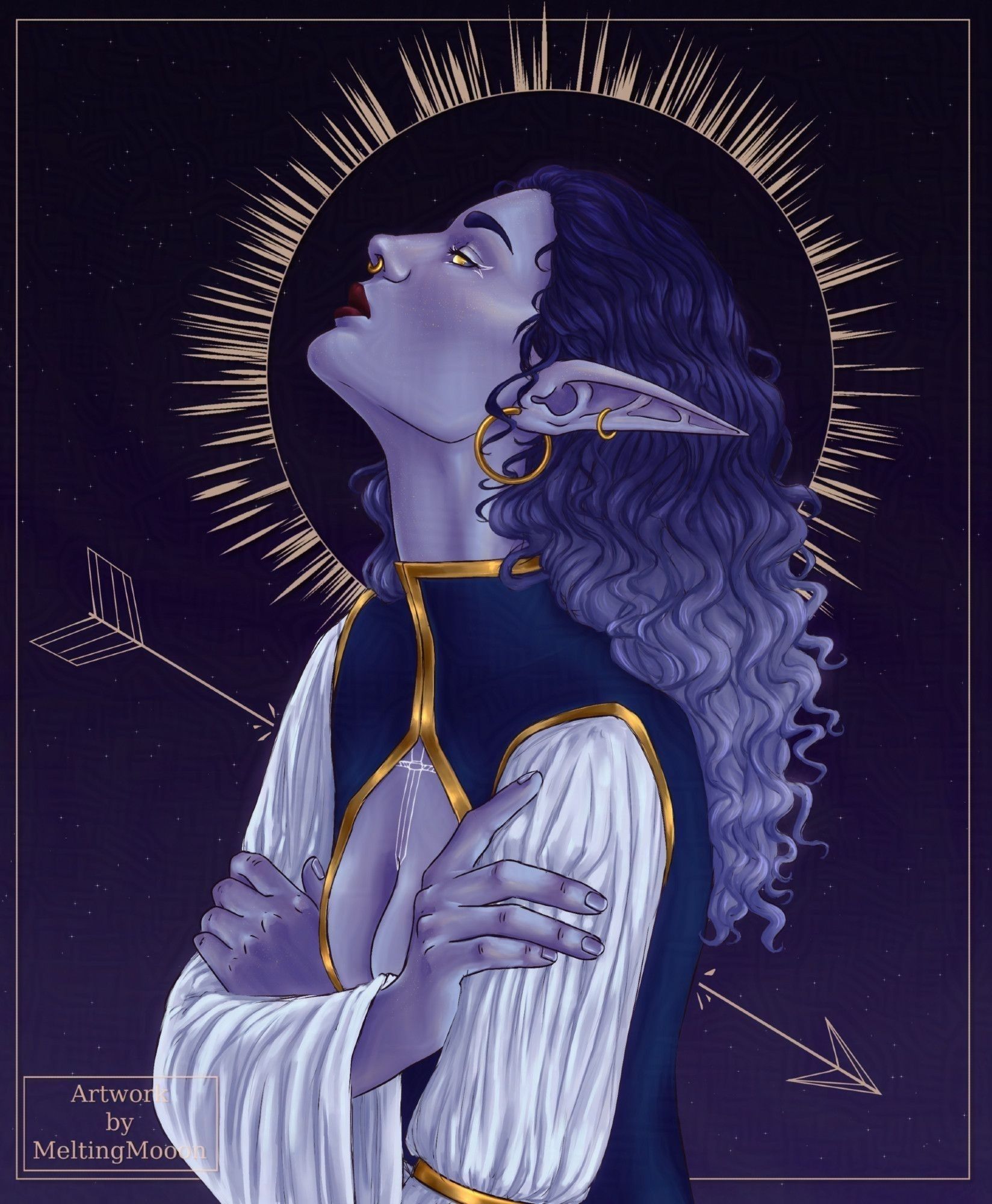 Digitale drawing. A portrait of an astral Elf with lilac skin and blue and purple curly hair. They're facing to the left side, looking up and has her arms crossed, holding her upper arms gently. There's a halo behind their head in a pale gold. There's a 2D arrow hinting at going through her chest from left to right. The lines or the arrow are broken before their body. The background is dark and starry.