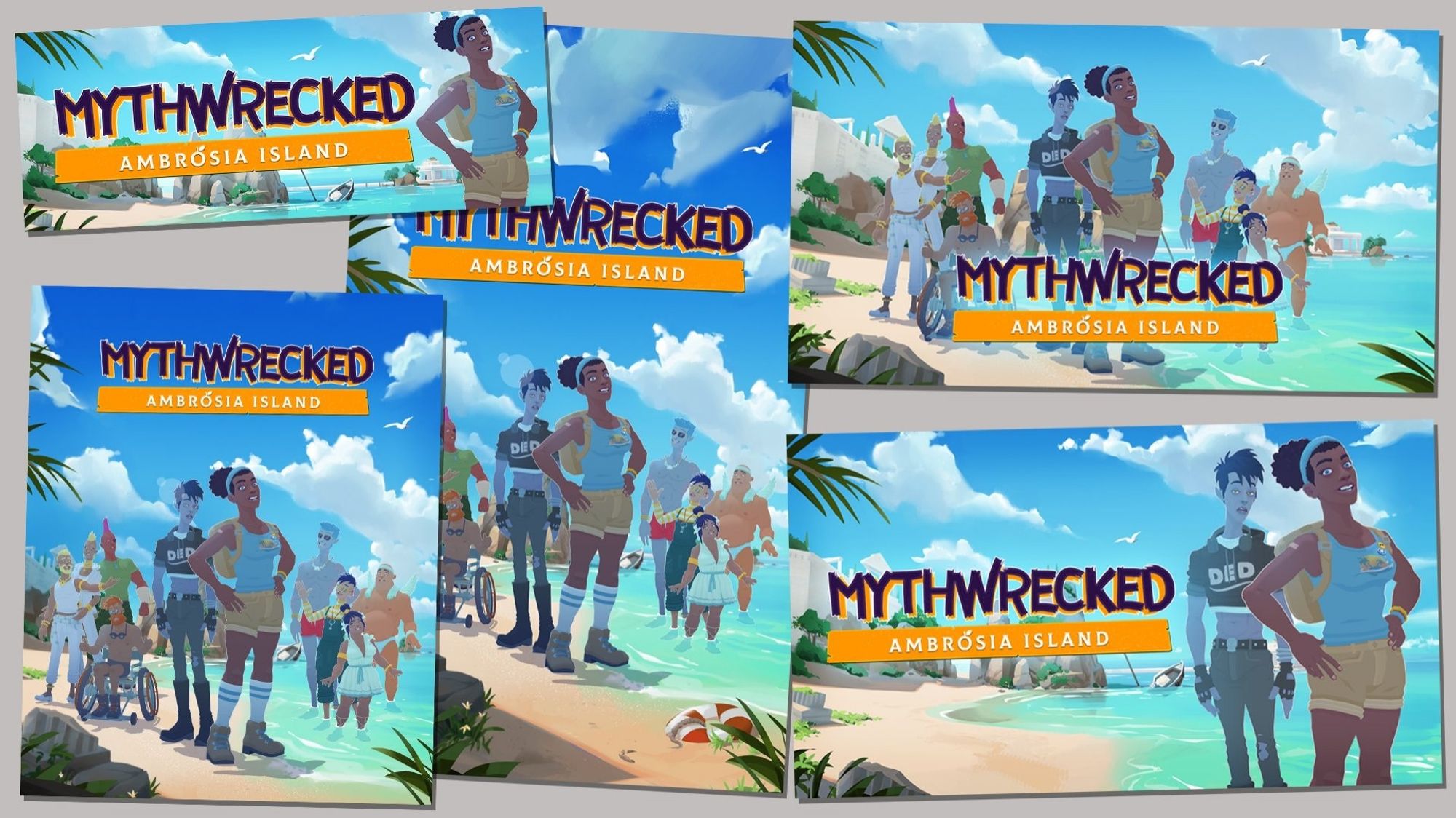 A collage of all the variants of the Mythwrecked key art, they are all different aspect ratios