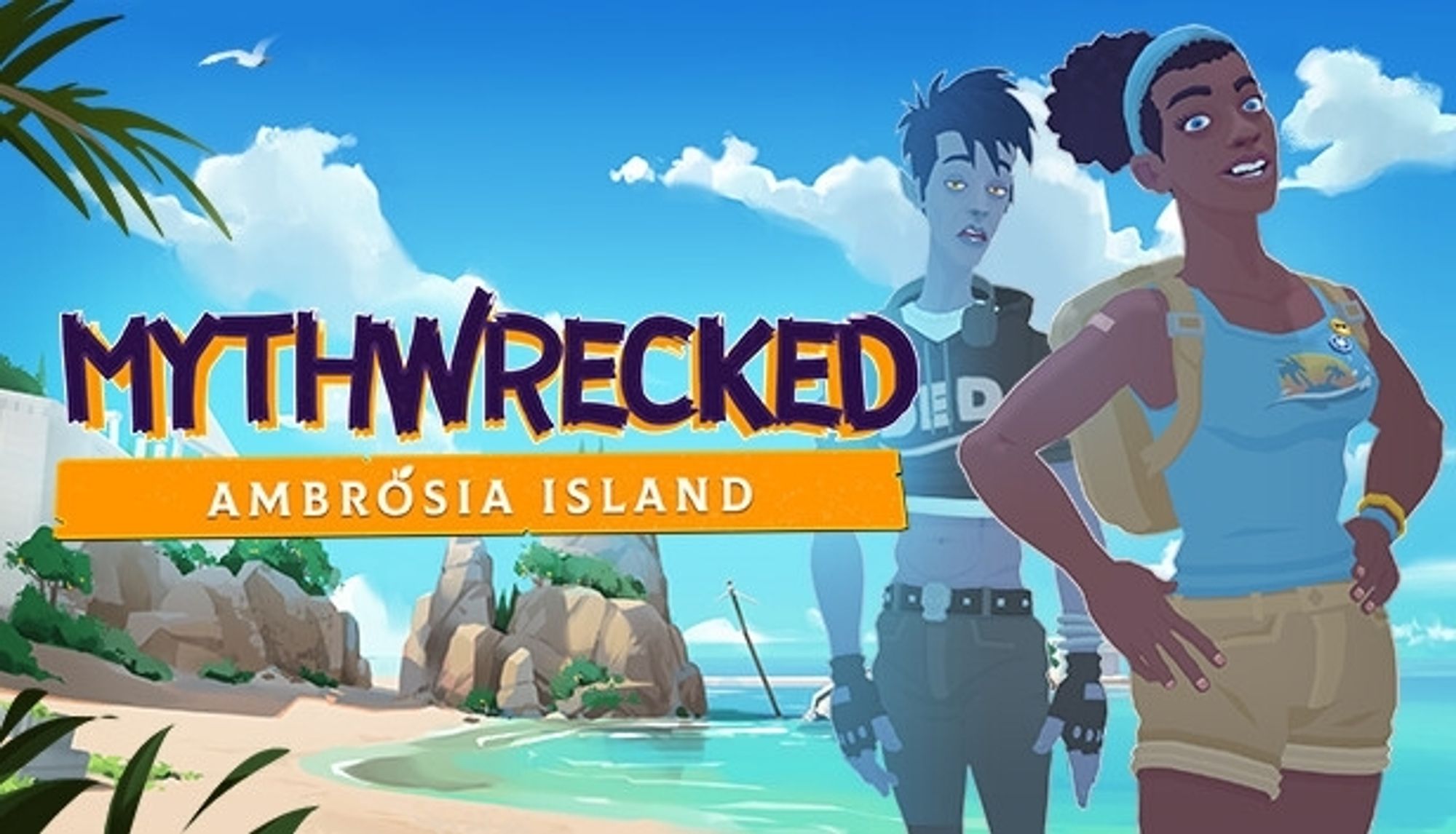 The Mythwrecked keyart two characters stand on an idyllic Greek island