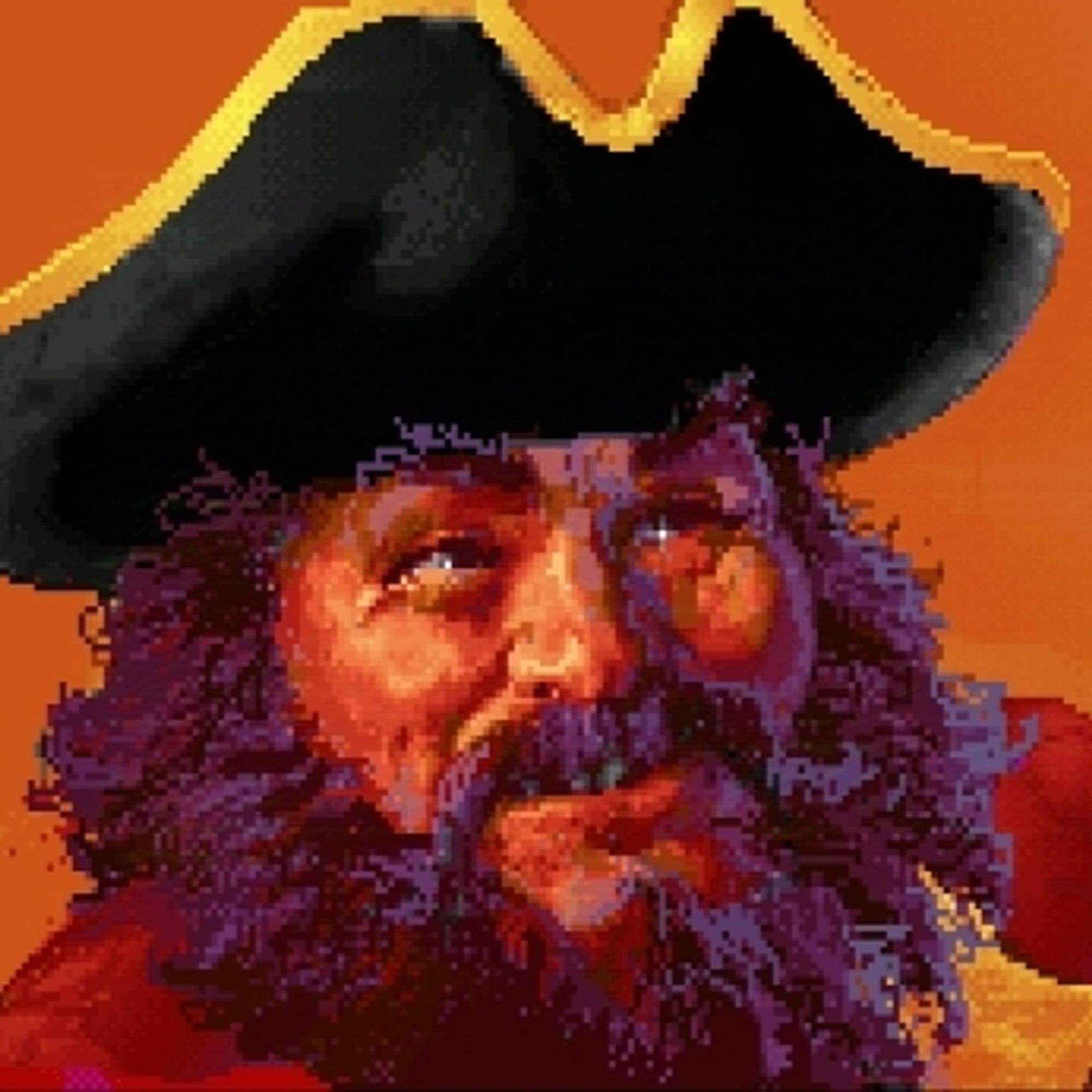 A pixel art portrait of an old pirate