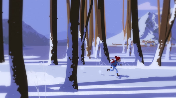 A screenshot of Röki. A young girl runs across a snowy scene 