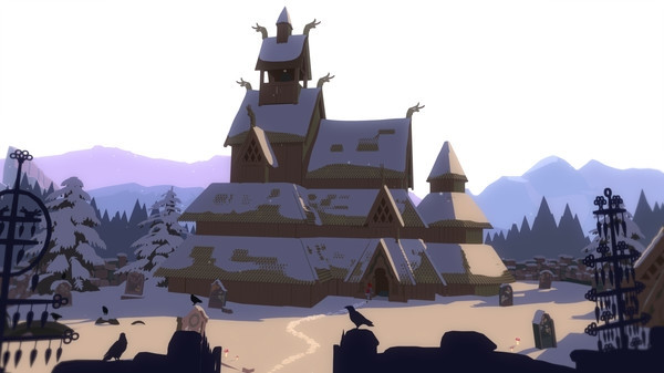 A screenshot of Röki. A stave church covered in snow 